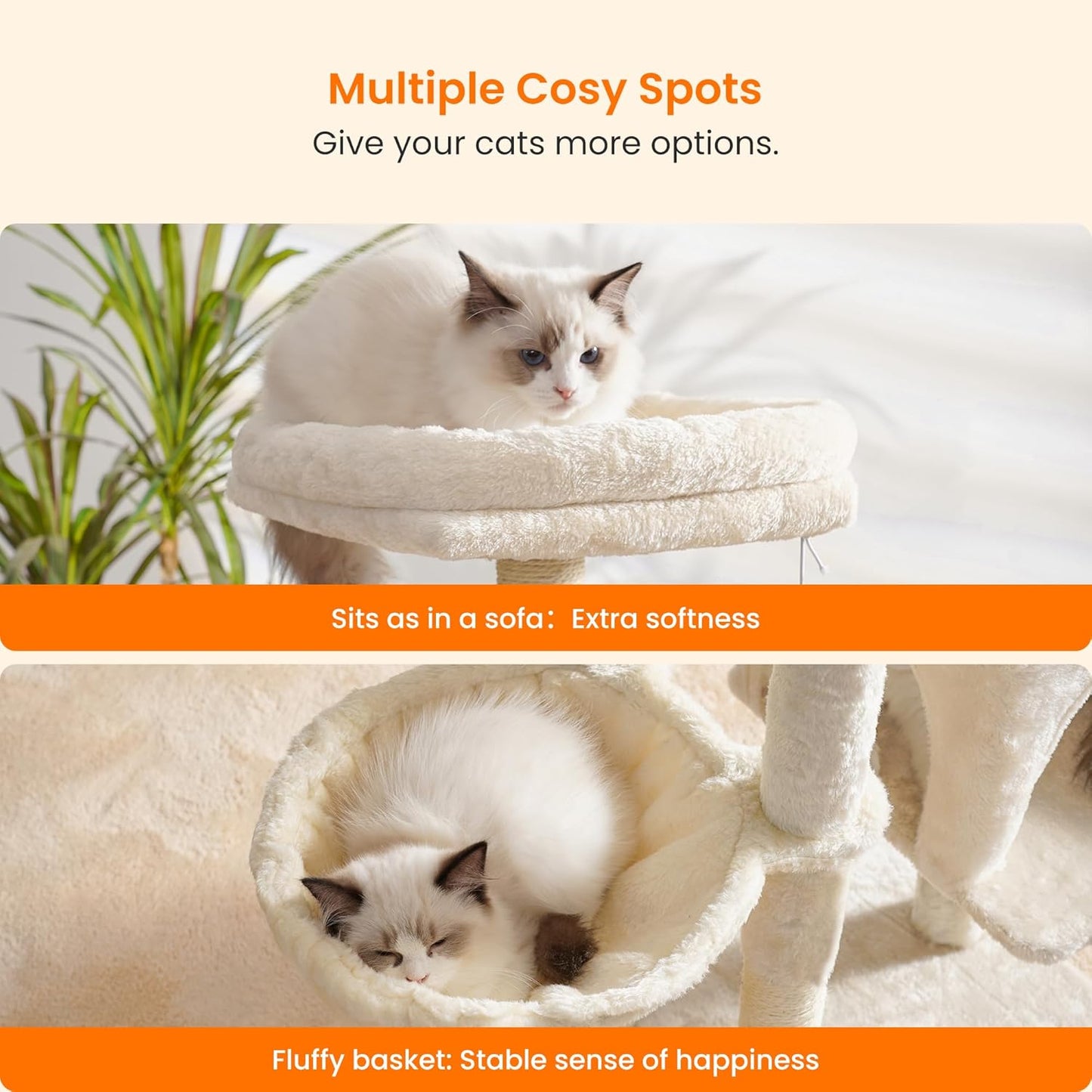 Heybly Cat Tree with Cat Self Groomer Brush, Cat Tower Condo for Indoor Cats with Padded Plush Perch, Cat House with Basket Scratching Board Post, Beige HCT005SM