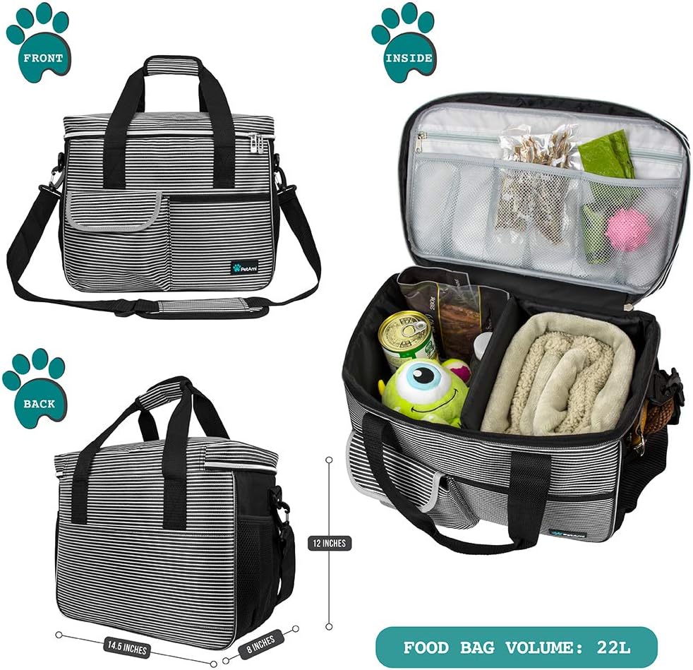 PetAmi Dog Travel Bag - Travel Pet Organizer with Food Container and Bowls, Perfect for Weekend Camping, Cat Diaper Bag (Stripe Black, Medium)