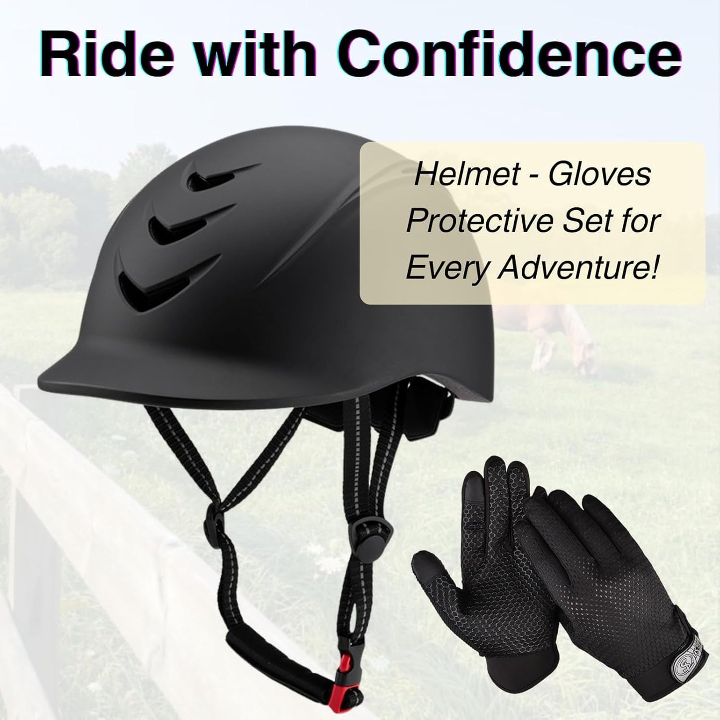 Equestrian Set - Helmet and Gloves for Horseback Riding and Training - Horse Riding Safety Gear Helmets Equestrian Equi-Pro Gear Gloves for Women, Man