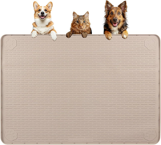 Dog Food Mat, Extra Large 40" x 28" Silicone Pet Feeding Mat for Small, Medium, and Large Pets Non-Slip, Easy to Clean, Khaki