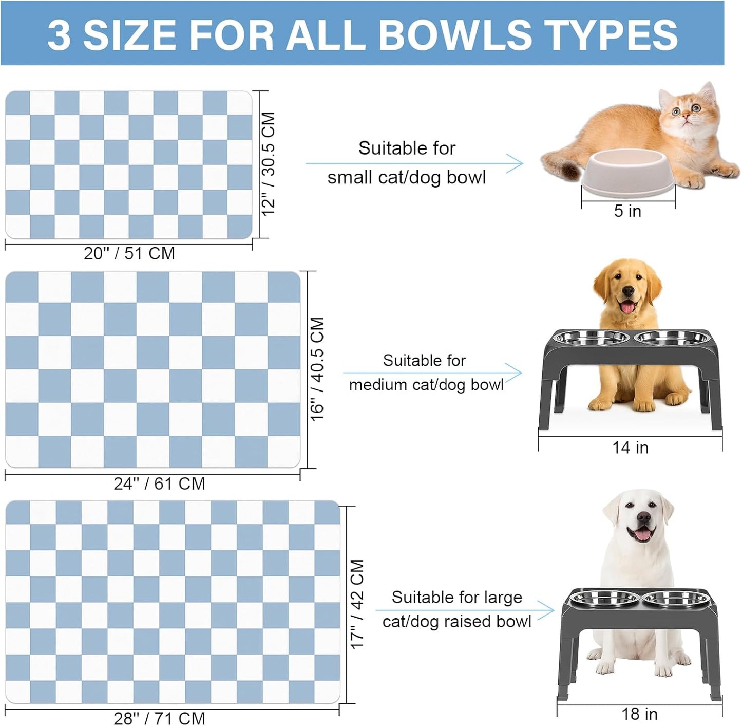 Cat Food Mat - 12"x 20" Cat Dog Mats for Food and Water Bowl, Checkered Pet Placemat Feeding Mat, Non-Slip Under Pet Bowls Mats for Messy Drinkers, Blue & White