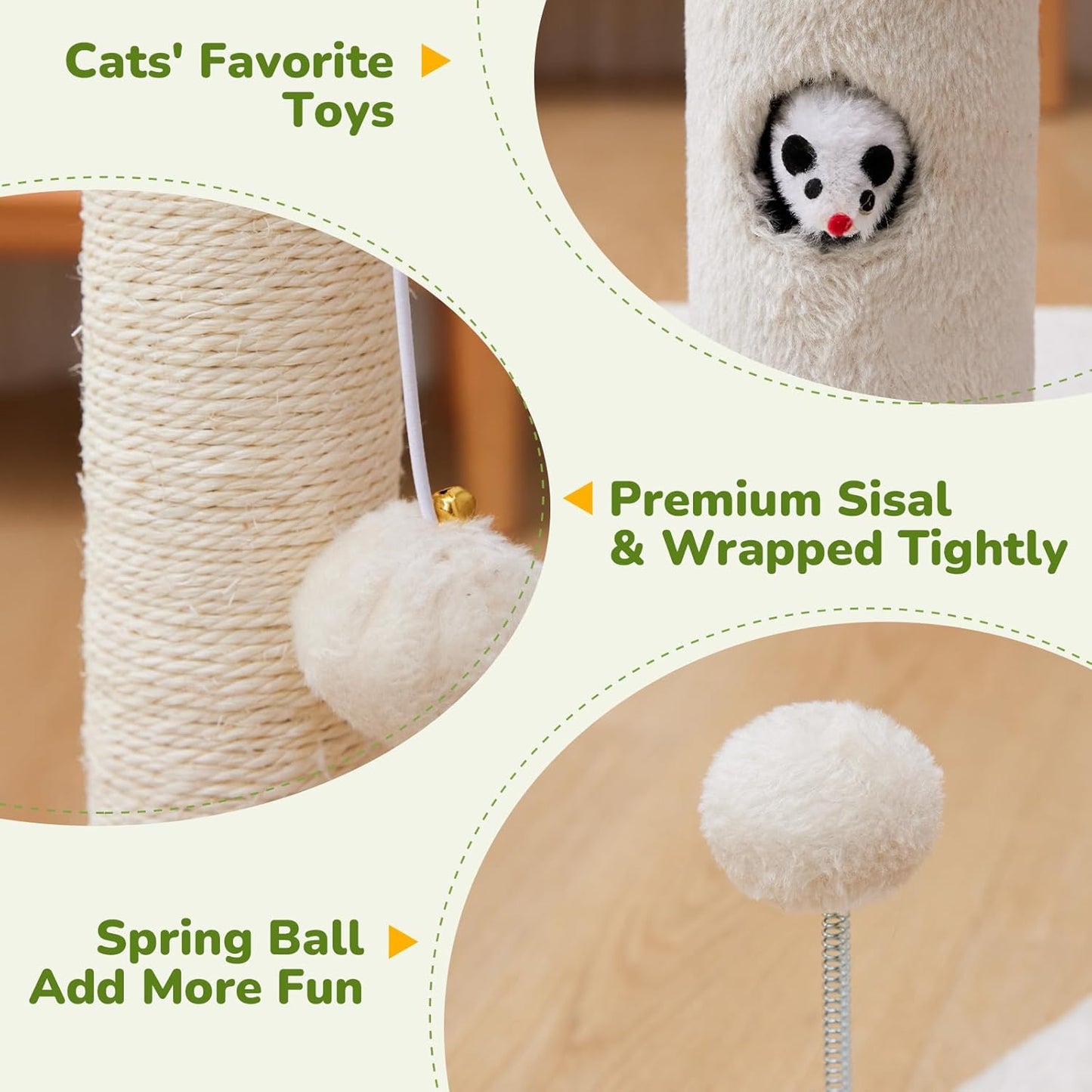 Cat Scratching Posts 33" for Adults Cats, Cat Scratcher with Soft Fabric Covering Base and Durable Sisal Rope, Scratcher with Fun Mouse Hole and Cat Toy for Tall Cats (White)