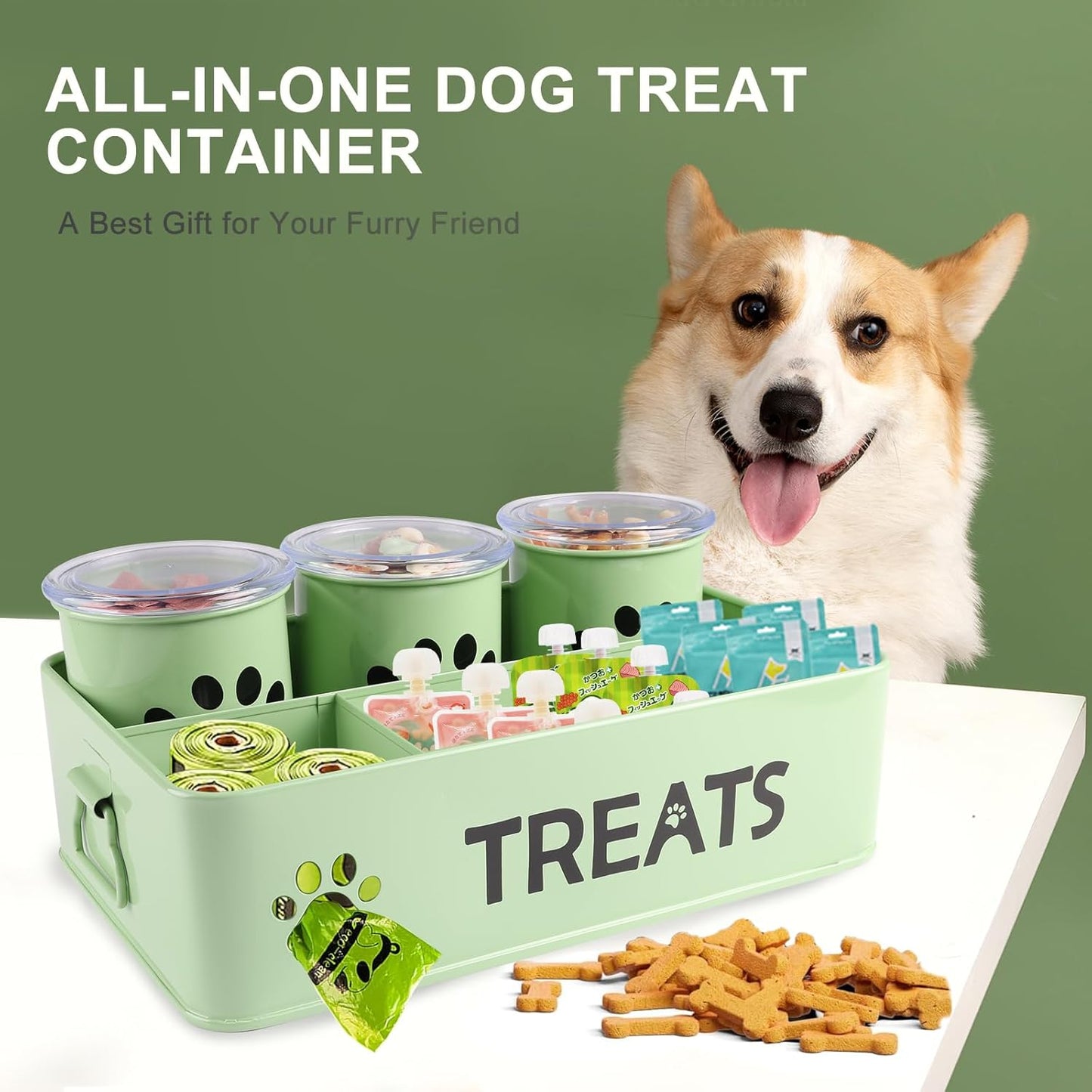 28oz Metal Dog Treat Container Set of 3,Dog Treat Jars with Airtight Lids,Cat Treat Jar,Dog Treat Canister for Countertop,Coated Galvanized Steel Dog Treats Station-Green