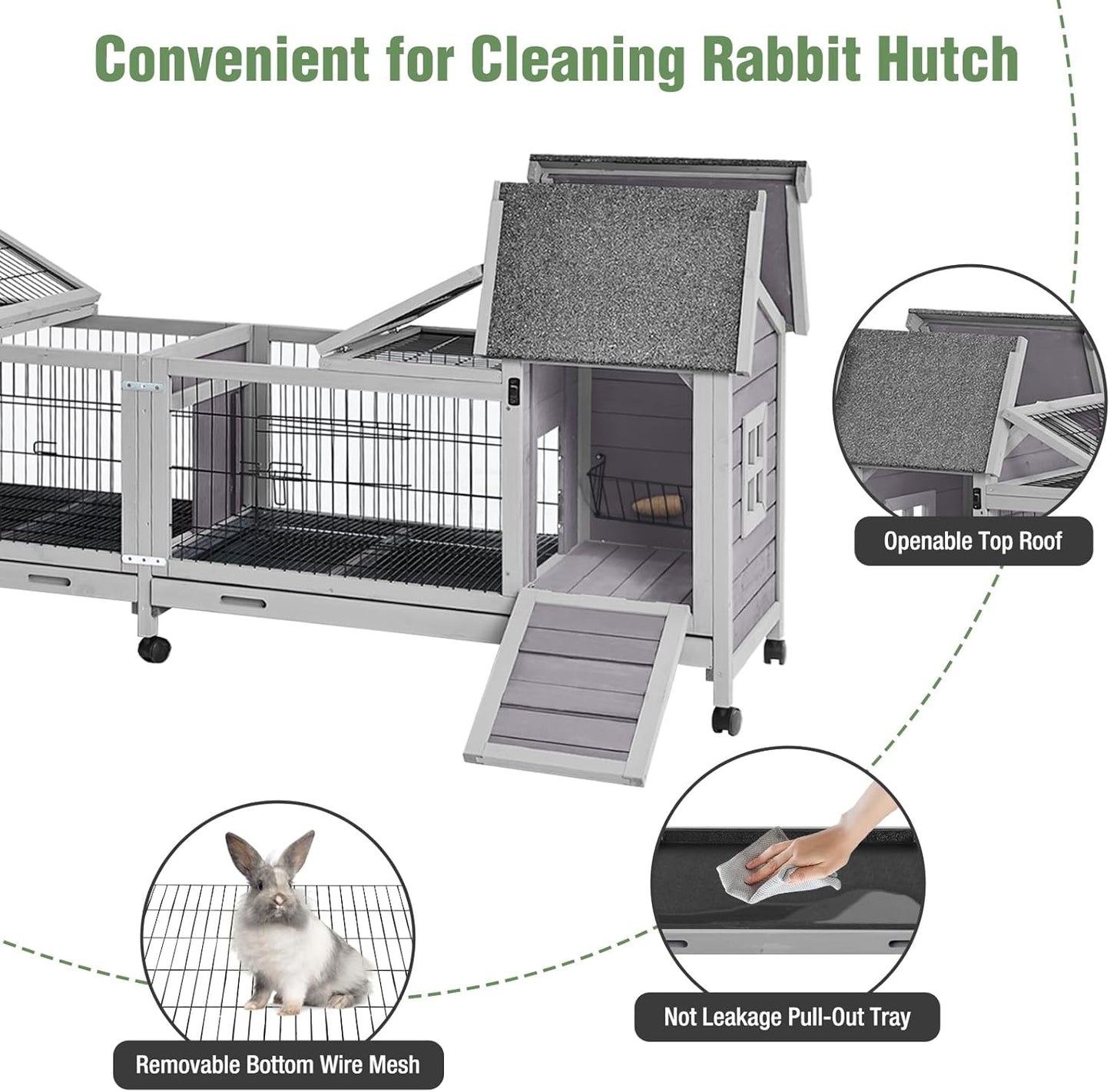 Wooden Rabbit Hutch with Wheels, Indoor Outdoor Bunny Cage with Removable Netting, Guinea Pig House with Leak-Proof Trays