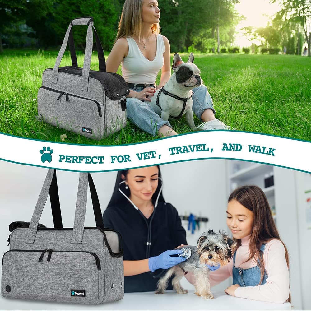 PetAmi Small Dog Purse Carrier, Soft-Sided Pet Carrier Bag with Pockets, Portable Puppy Cat Travel Handbag Tote, Airline Approved Breathable Mesh, Poop Bag Dispenser, Sherpa Bed, Max 18 lbs, Gray