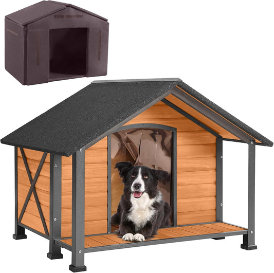 Aivituvin Dog House with Insulated Liner Outdoor All-Around Iron Frame Dog Kennel Outside with Overhang Roof Large Porch Weatherproof