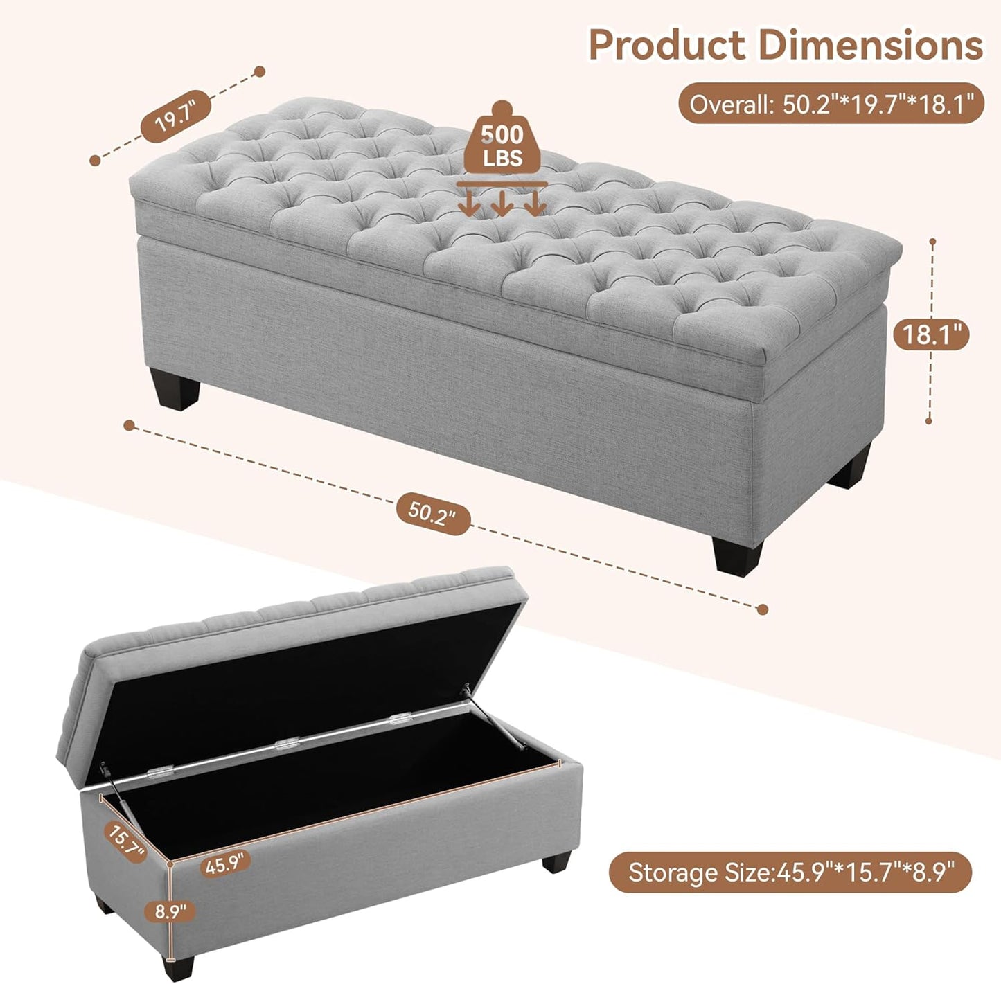 51" Fabric Storage Ottoman Bench, Upholstered Rectangle End of Bed Storage Ottoman Tufted Living Room Bedroom Bench with Safety Hinge, Solid Wood Legs, Loads 500 lb(Light Grey)