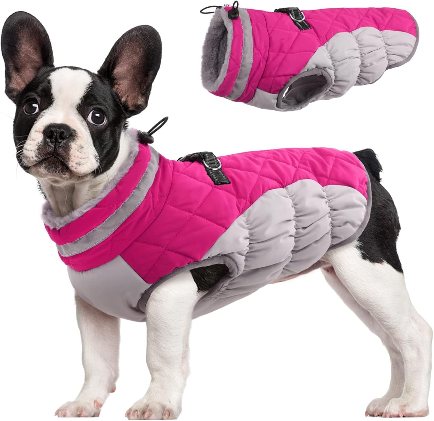 FUAMEY Dog Coat, Medium, Pink, Faux Fur - Waterproof, Windproof, Reflective Cold Weather Coat with Built-in Harness, Fits Dogs 11 lbs and Up