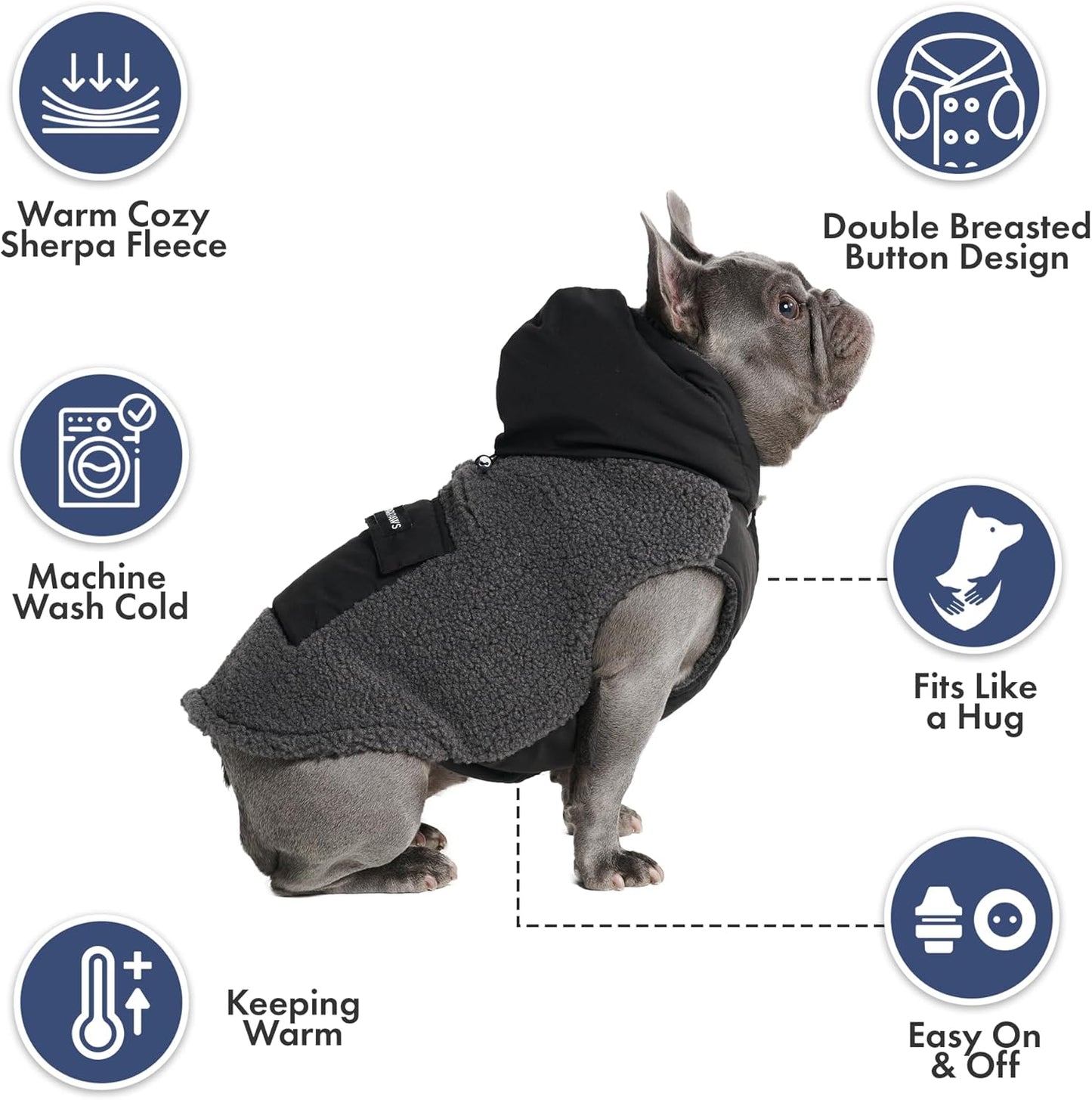Spark Paws Reversible Dog Sweater, Sherpa Jacket Vest with Warm Fleece Lining, Warm Coat for Winter, Suitable for Small Medium, Large, XL XXL Dogs - Black and Grey - L