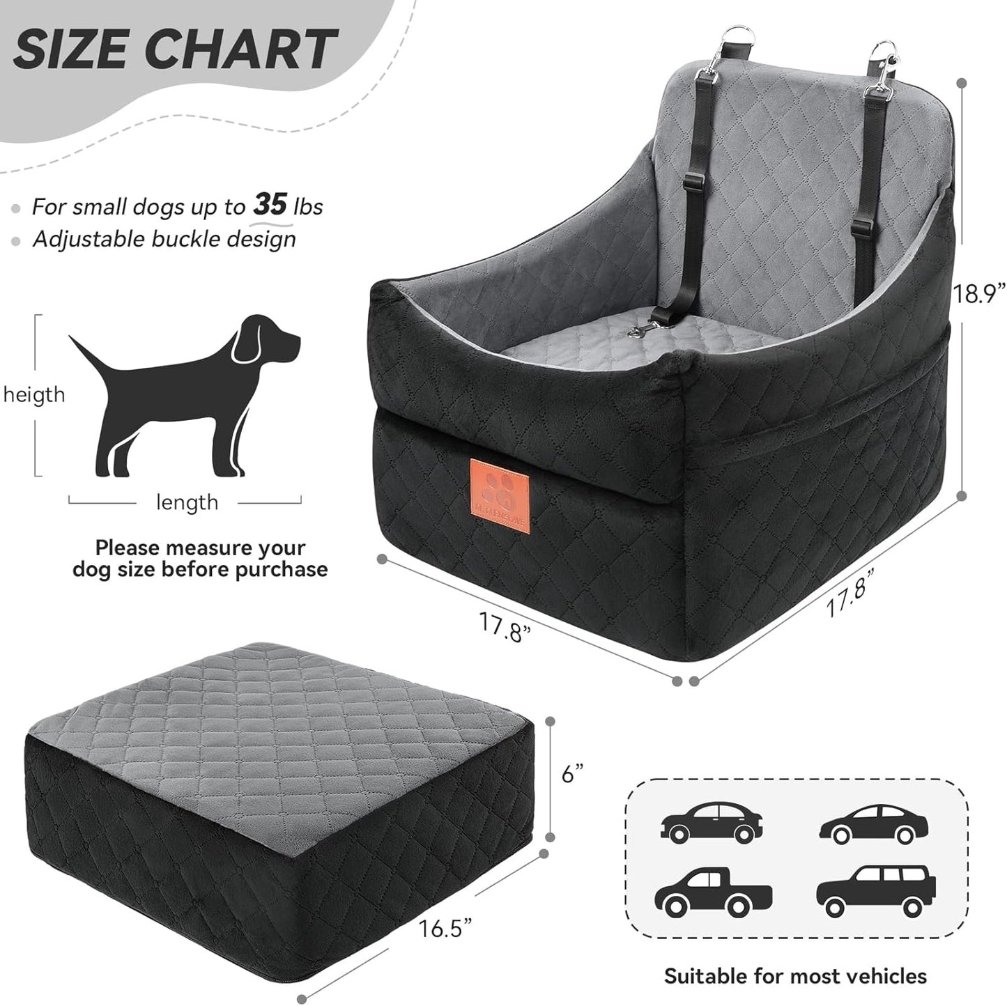 Dog Car Seat for Small/Medium Dogs, Dog Booster Car Seats with Thick Cushion for Dogs Under 35lbs, Detachable Washable Pet Car Seat with Storage Pockets, 2 Safety Belts(Black/Grey)