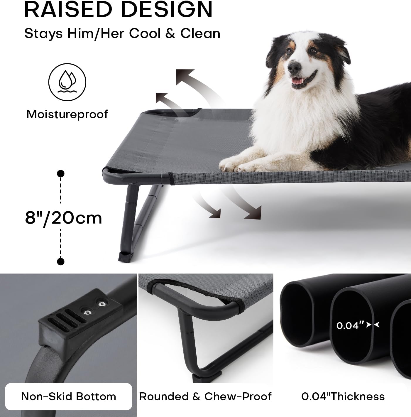Made4Pets Outdoor Elevated Dog Bed for Large Dogs - Cooling Raised Pet Cot with Skid-Resistant Feet, Tool-Free Setup, Chew-Resistant Frame, Washable Mesh Hammock, Indoor & Outdoor Use, 42"x28", Gray