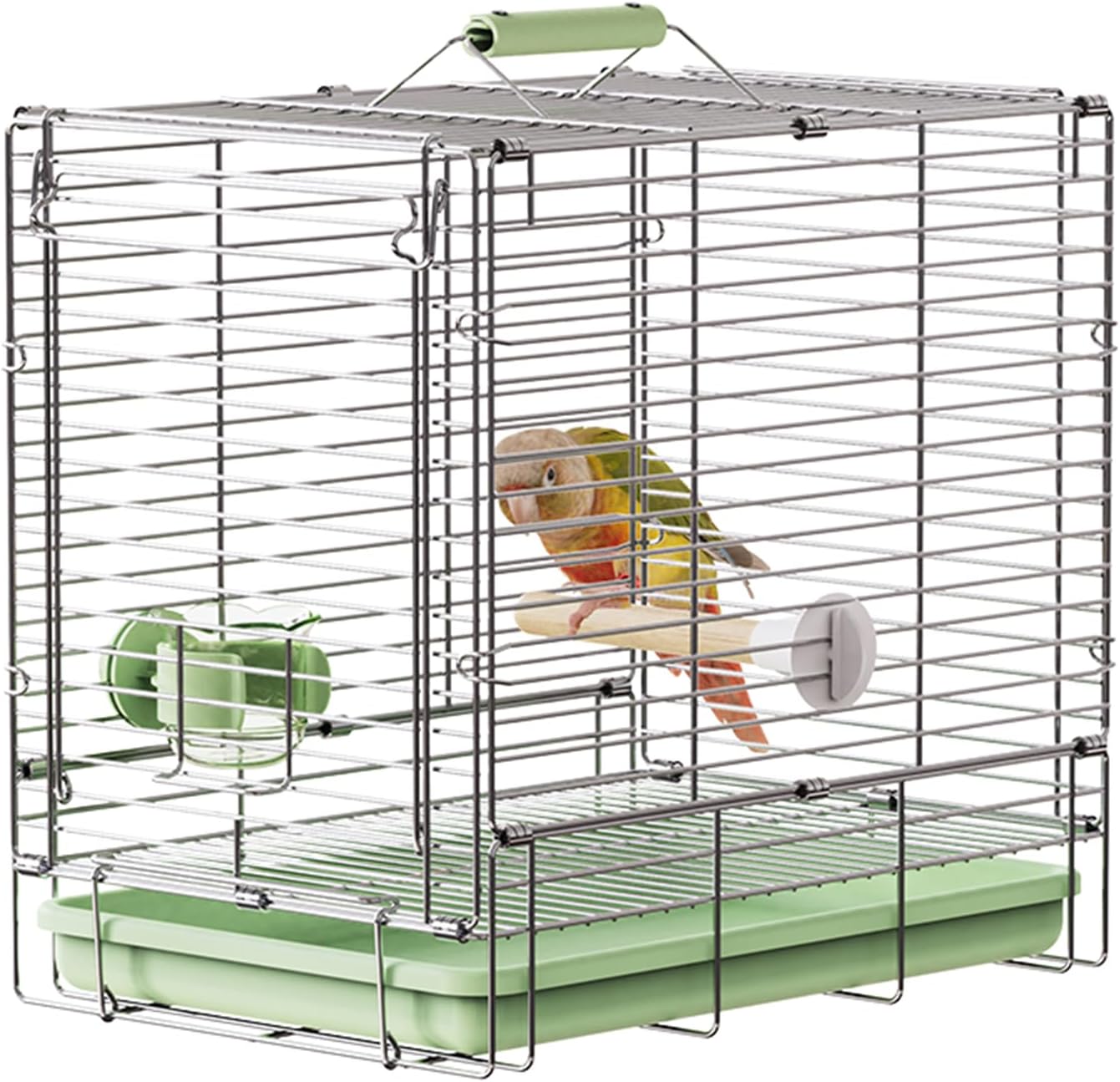 Bird Carrier Travel Cage - 304 Stainless Steel Portable Folding Bird Travel Cage with Parrot Feeder Cups & Standing Perch for Smaller Birds Conures Lovebird Cockatiel Parakeets (Green)