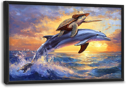 Large Funny Sea Turtle Wall Art for Living Room, Framed Oversized Ocean Dolphin Wall Decor Sunset Nautical Canvas Painting Modern Artwork Home Decoration for Bedroom Office 36"x24"
