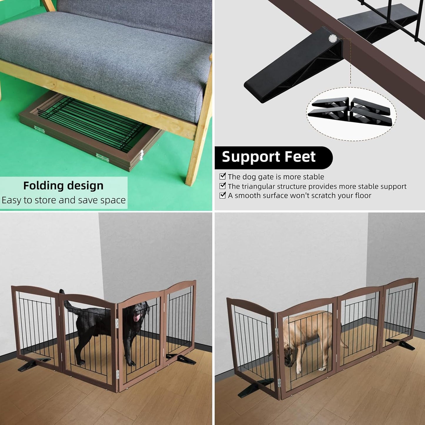 ZJSF Freestanding Dog Fence Indoor, Foldable Dog Gate for Doorways, Stairs or Hallways, Sturdy Wood Extra Wide Pet Gate with Support Feet for The House, Brown, 24 "Height-4 Panels