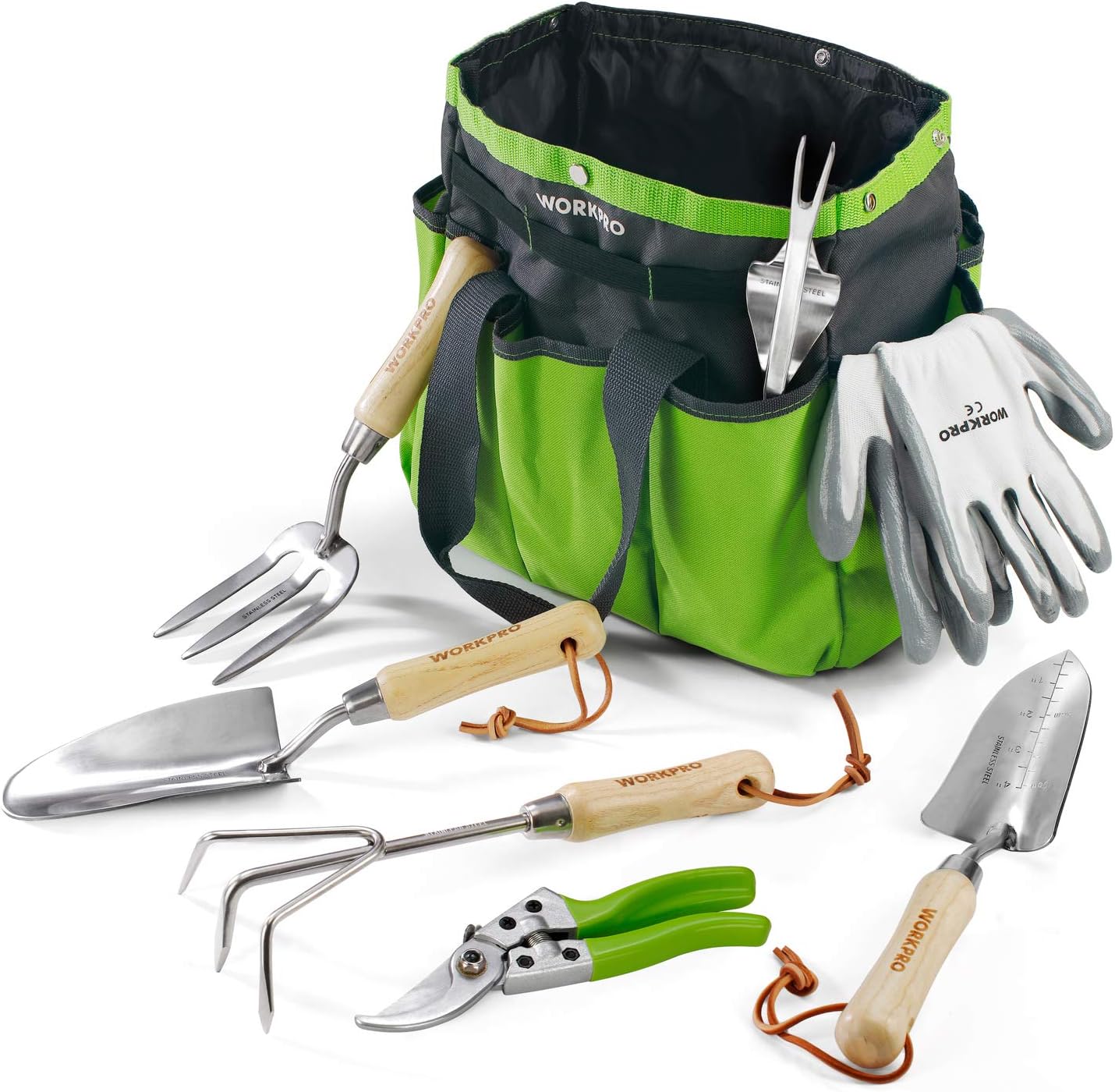 WORKPRO Garden Tools Set, 8 Piece, Stainless Steel Heavy Duty Gardening Tools with Wooden Handle, Including Garden Tote, Gloves, Trowel, Hand Weeder, Cultivator and More-Gardening Gifts For Women Men