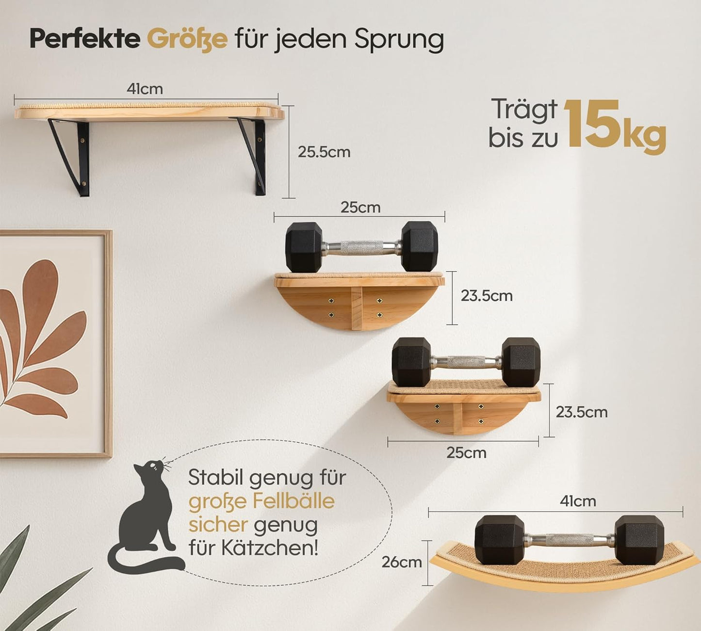 Wood Cat Wall Bed with Sisal Mat – Curved Cats Shelf for Scratching and Sleeping, Wall Mounted Cat Furniture for Large Cats