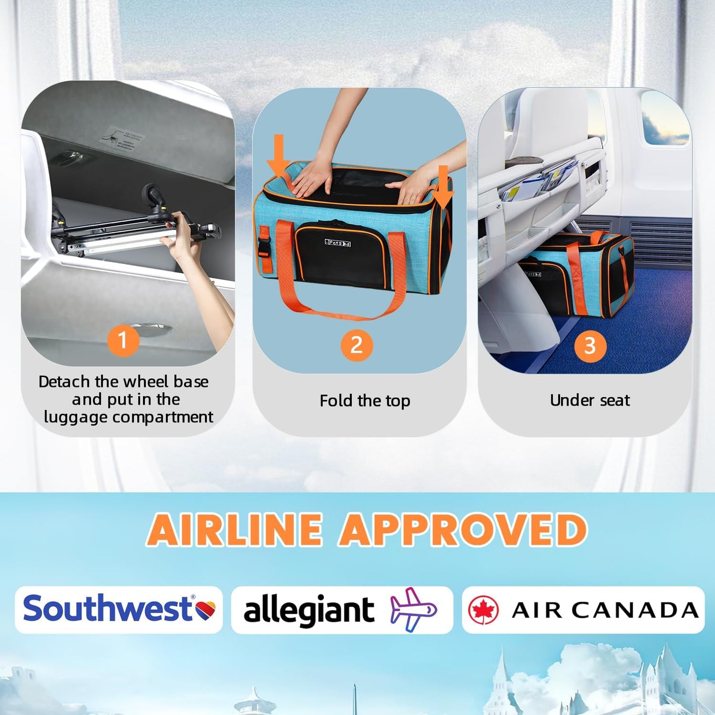 Petskd Top-Expandable Pet Carrier with Wheels 19x13x9 Inches Southwest Allegiant Airlines Approved, Soft-Sided Carrier for Small Dog Under 12 lbs and Large Cat Under 15 lbs(Blue)