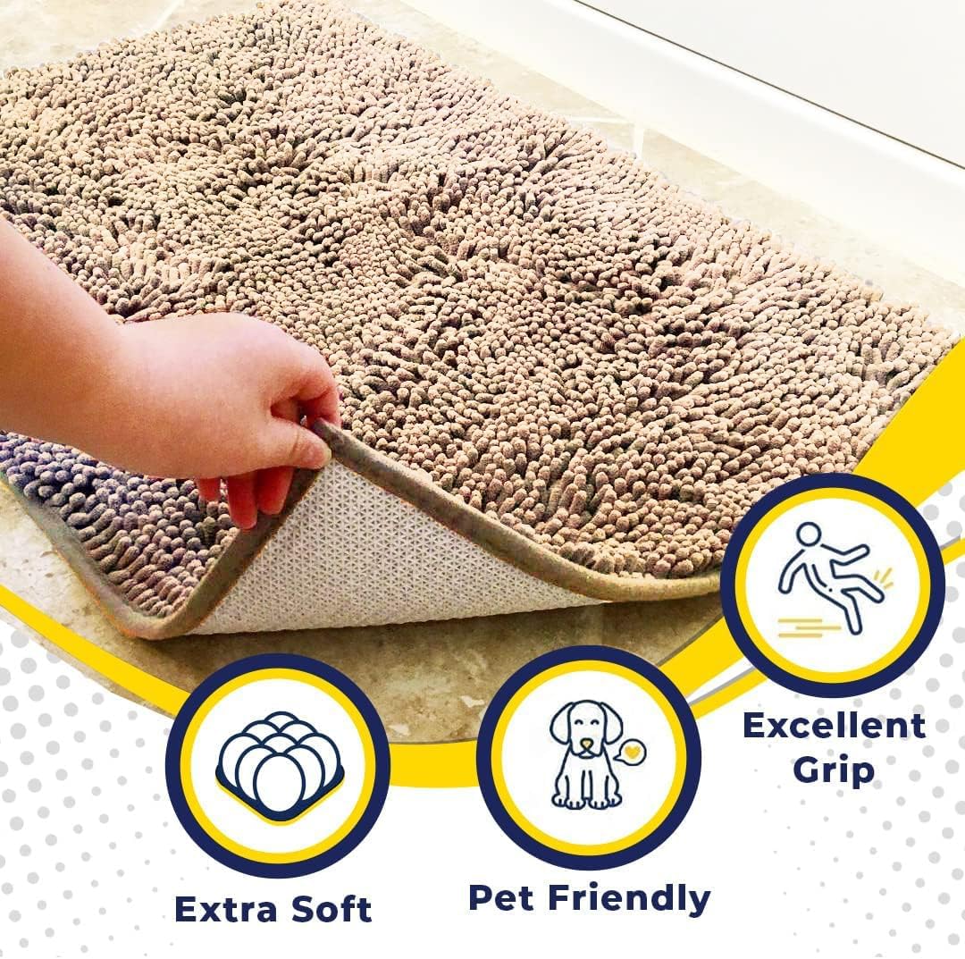 Muddy Mat® AS-SEEN-ON-TV Highly Absorbent Microfiber Door Mat and Pet Rug, Non Slip Thick Washable Area and Bath Mat Soft Chenille for Kitchen Bathroom Bedroom Indoor and Outdoor - Beige 3ft x 8ft
