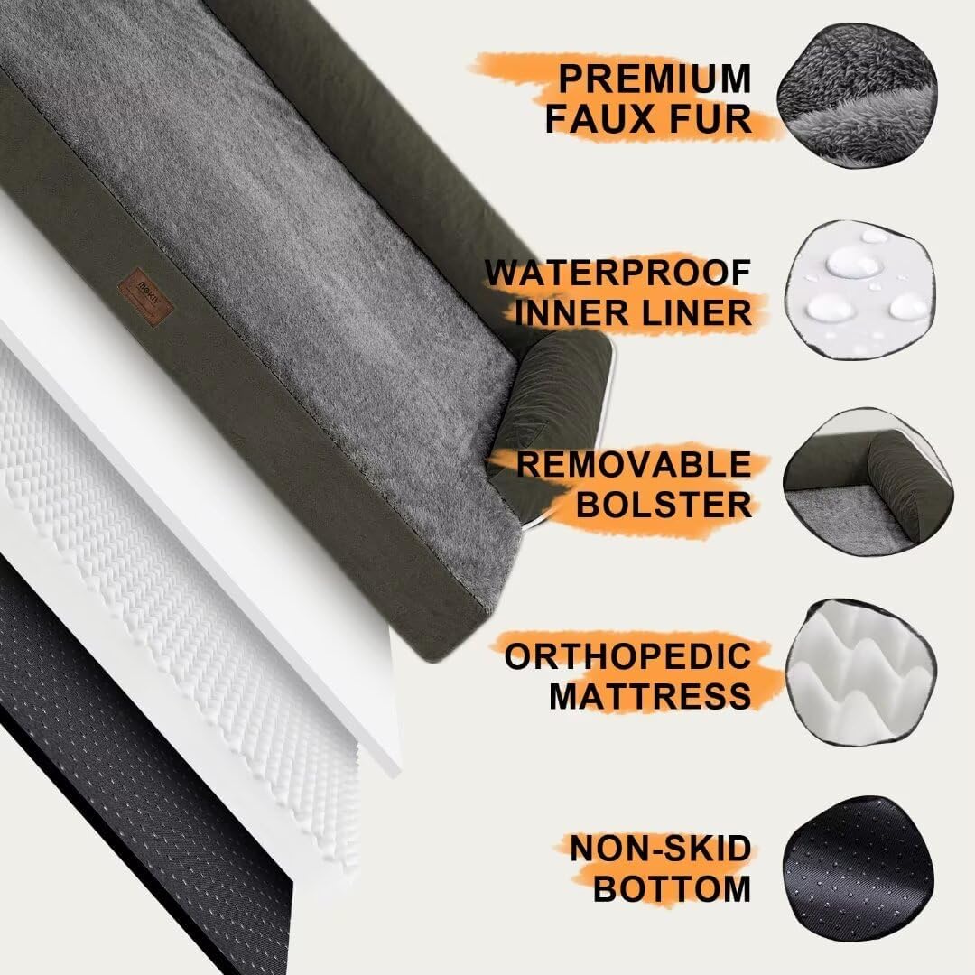 Large Dog Bed Orthopedic Washable: Orthopedic Dark Green Dog beds for XXXLarge Size Dogs, Waterproof Washable Cover with Egg Foam Removable Bolster, pet beds for Large Dogs