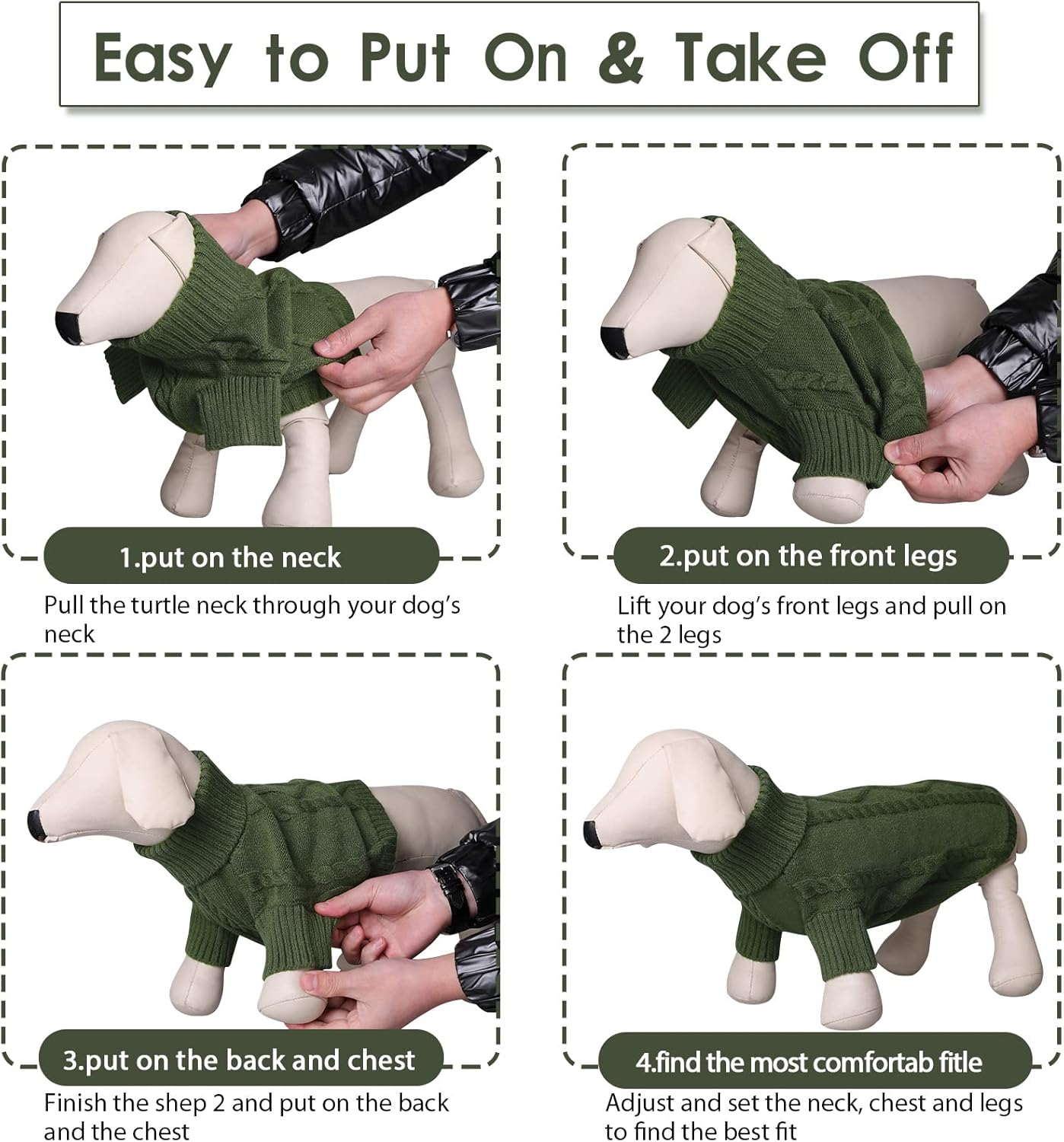 Queenmore Small Dog Pullover Sweater, Cold Weather Cable Knitwear, Classic Turtleneck Thick Warm Clothes for Chihuahua, Bulldog, Dachshund, Pug (Army Green, Medium)