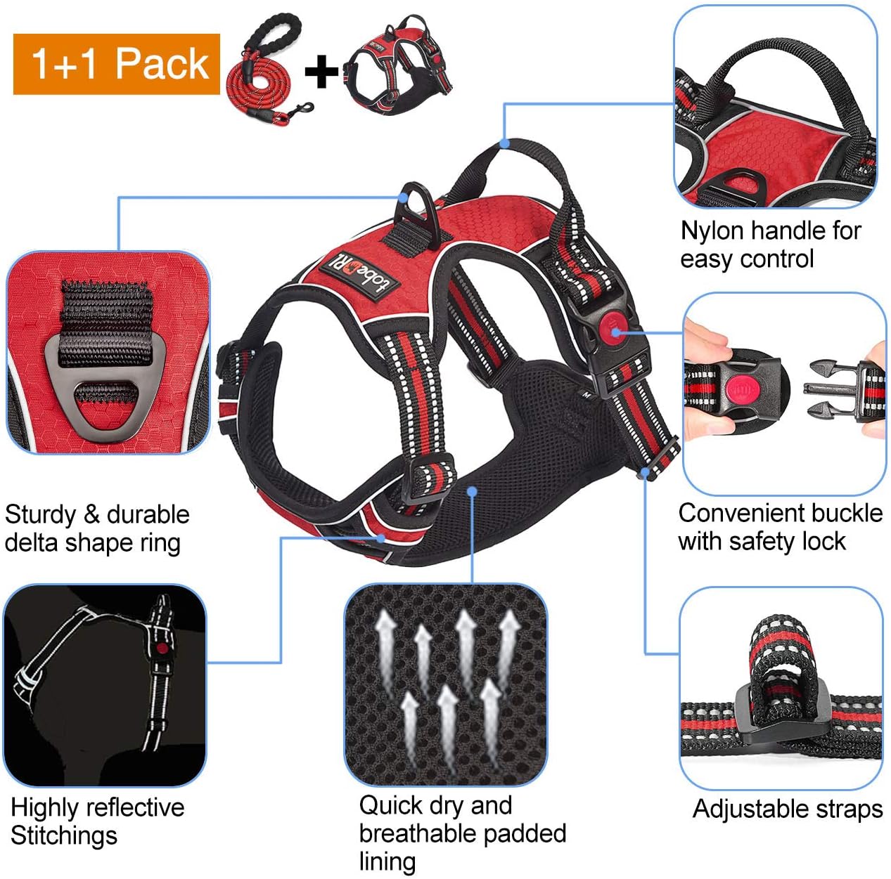 No Pull Dog Harness Adjustable Reflective Oxford Easy Control Medium Large Dog Harness with A Free Heavy Duty 5ft Dog Leash (XL (Neck: 21.5"-33", Chest: 30"-39.5"), Red Harness+Leash)