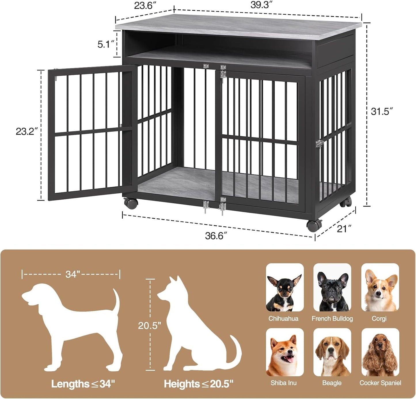 39.4" Dog Crate Furniture for Medium and Large Breed, Dog Kennel Furniture with Storage Shelf & Lockable Wheels, Heavy Duty Wooden End Side Table Pet Cage Indoor, Chew-Resistant, Grey