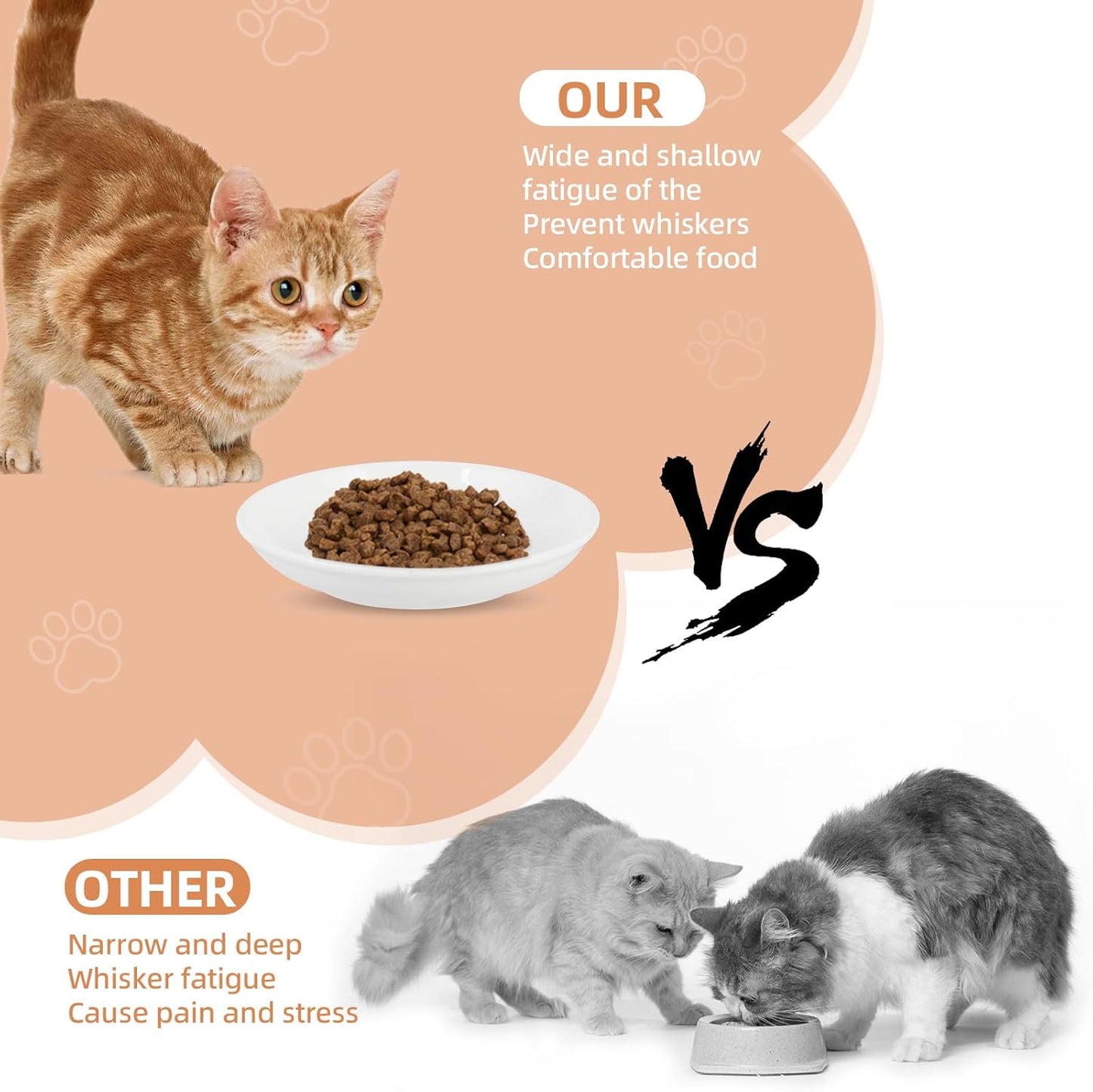 6 Pack Cat Food Bowl, Ceramic Cat Bowls, Anti Whisker Fatigue Cats Bowl Set,5.5 Inches Shallow Wide Kitten Plates for Food and Water (Fishbone Style)