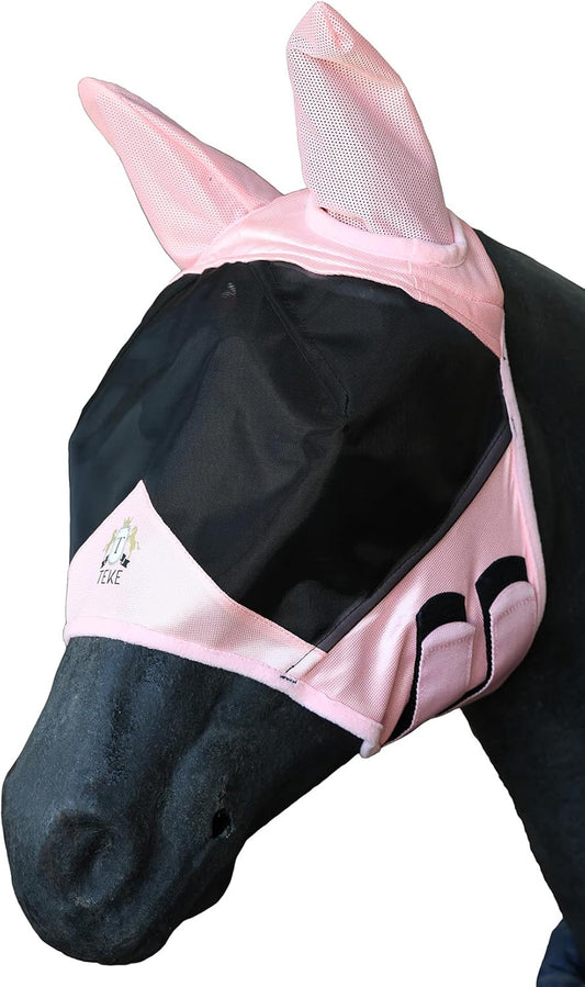 T TEKE Fine Mesh Horse Fly Mask w/Ears, UV Blocking 3D Eye Visor with Extra Fleece Cushioned Forehead, Protection from Insect Pests
