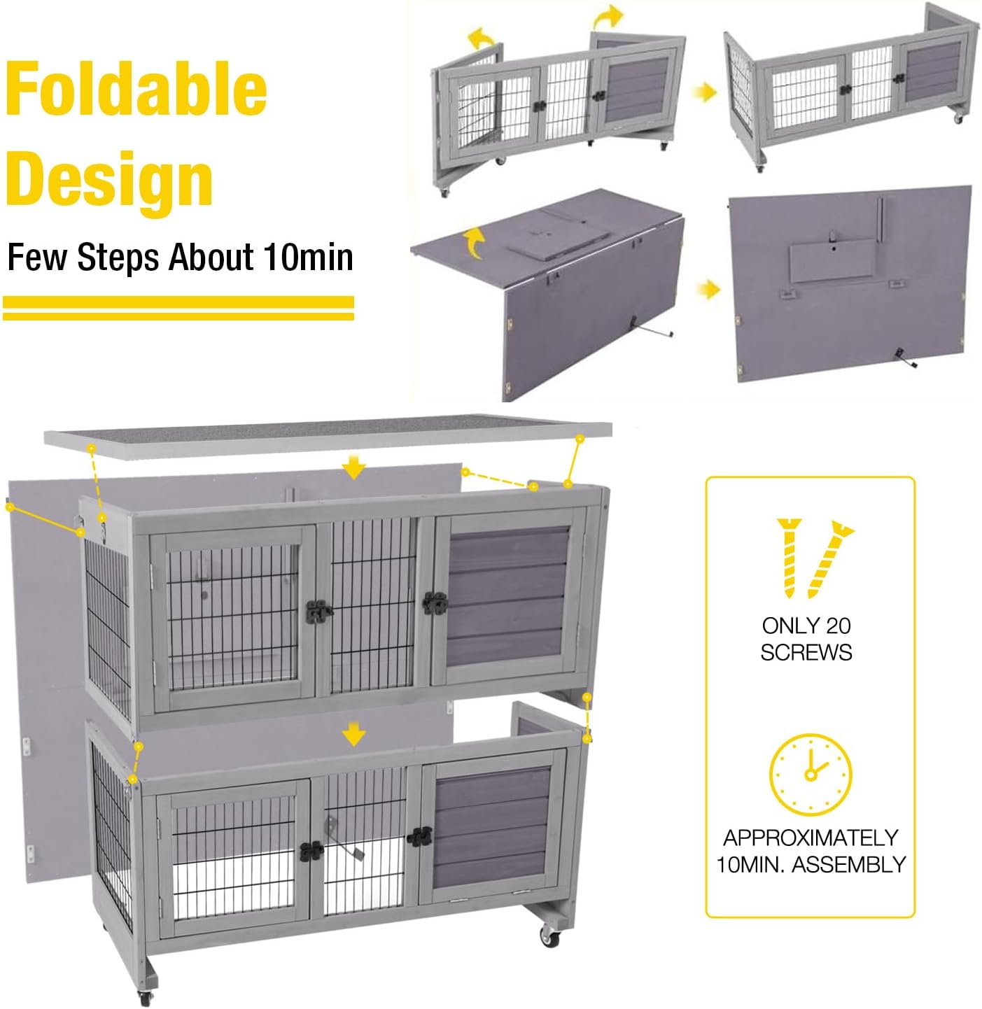 Aivituvin Rabbit Hutch Indoor, Folding Bunny Cage with Two Story, Rabbit Cage with Wheels, Anti Slip Ramp