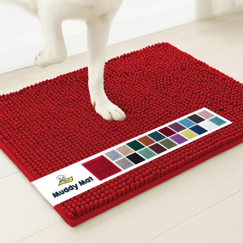 Muddy Mat® AS-SEEN-ON-TV Highly Absorbent Microfiber Door Mat and Pet Rug, Non Slip Thick Washable Area and Bath Mat Soft Chenille for Kitchen Bathroom Bedroom Indoor and Outdoor - Red 24" x 96"