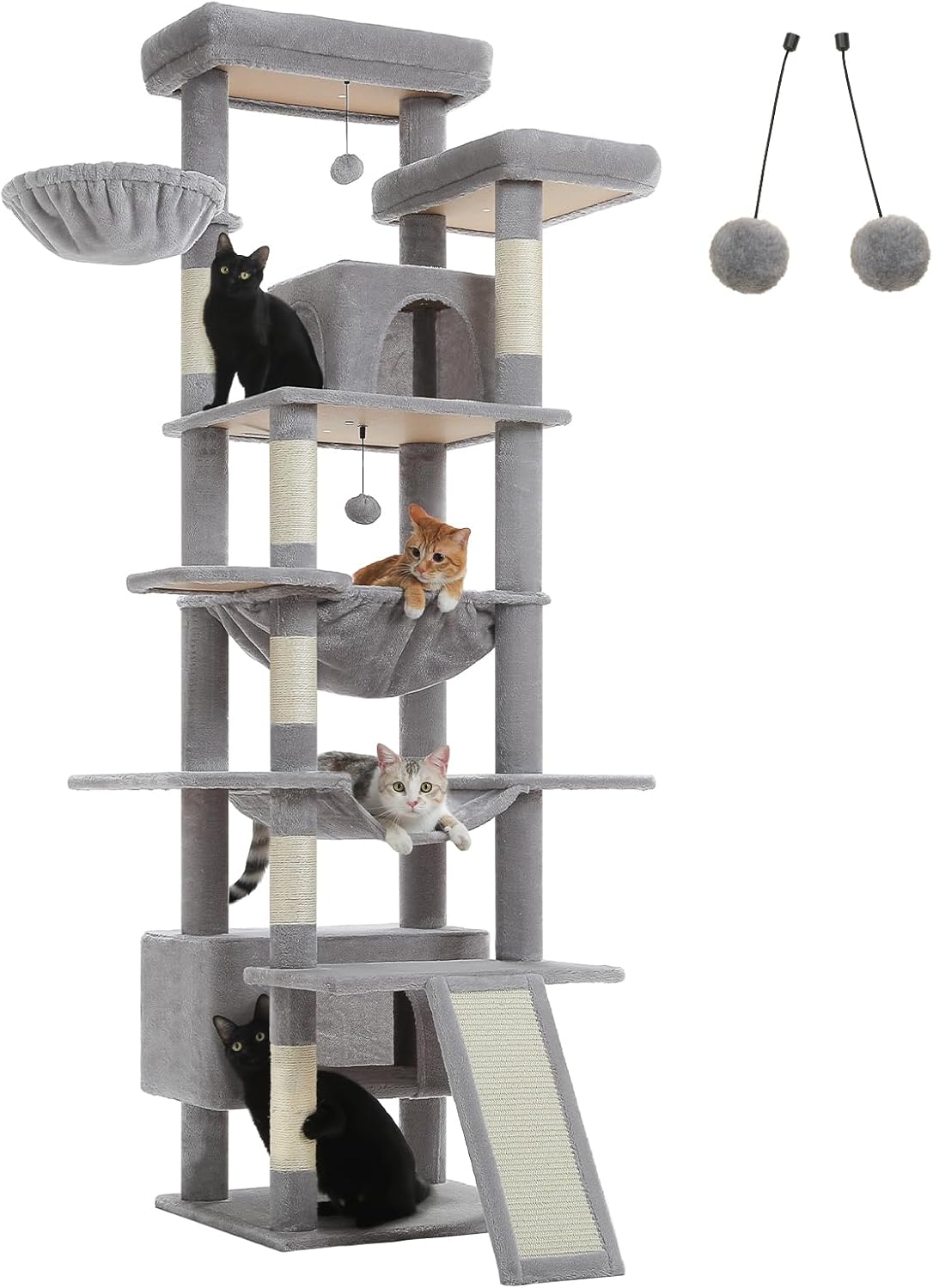 81" Heavy Duty Cat Tree for Large Cats up to 20lbs - Extra Tall Cat Tower with Metal Frame Hammock, 6 Sisal Scratching Posts, 2 Perches - Indoor Cat Furniture for Maine Coon, Big Cats, Gray