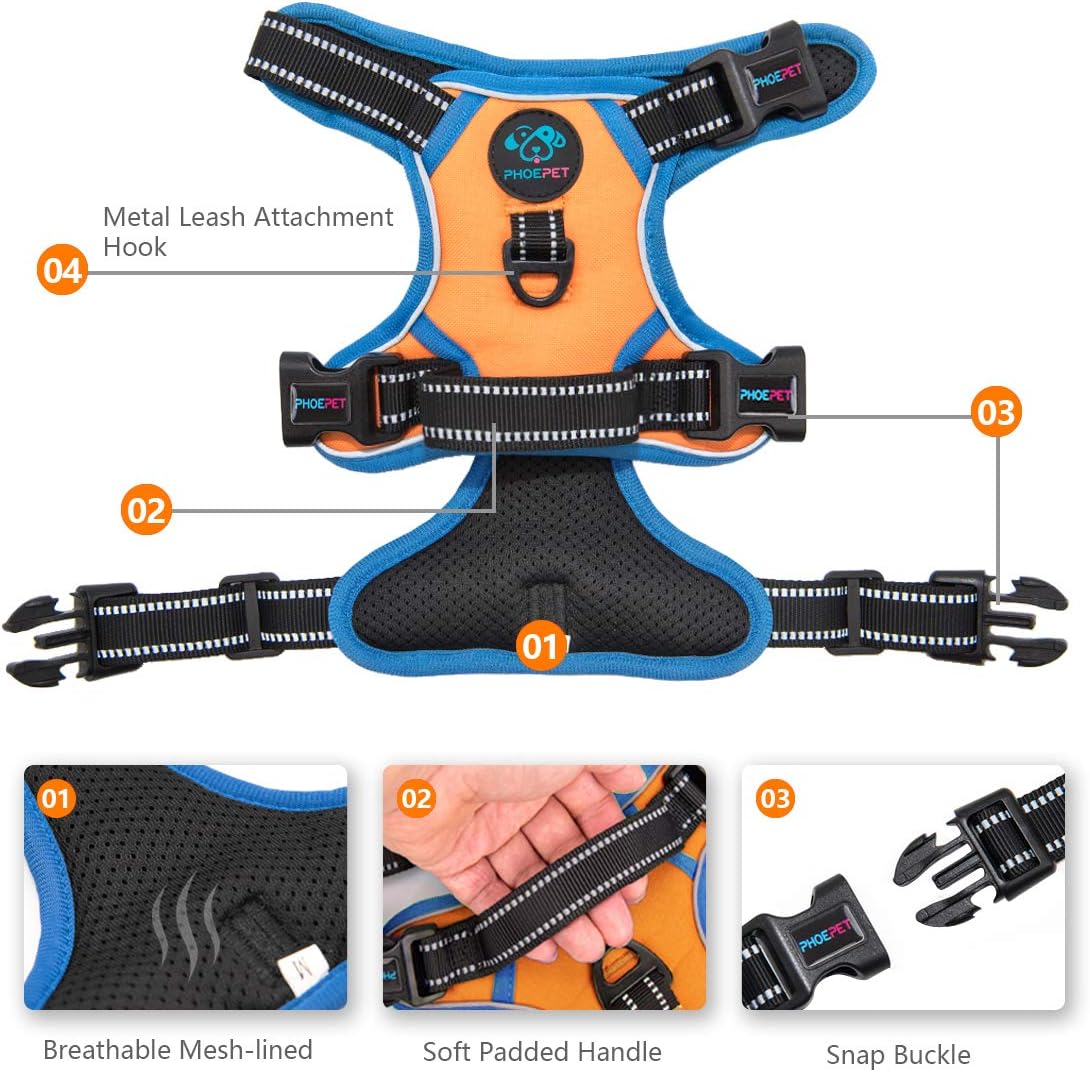 PHOEPET 2019 Reflective Dog Harness Large Breed Adjustable No Pull Vest with with Handle 2 Metal Rings 3 Buckles [Easy to Put on & Take Off](L, Orange)
