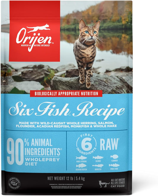 ORIJEN Grain Free High Protein Premium Dry Cat Food Six Fish Recipe 12lb Bag