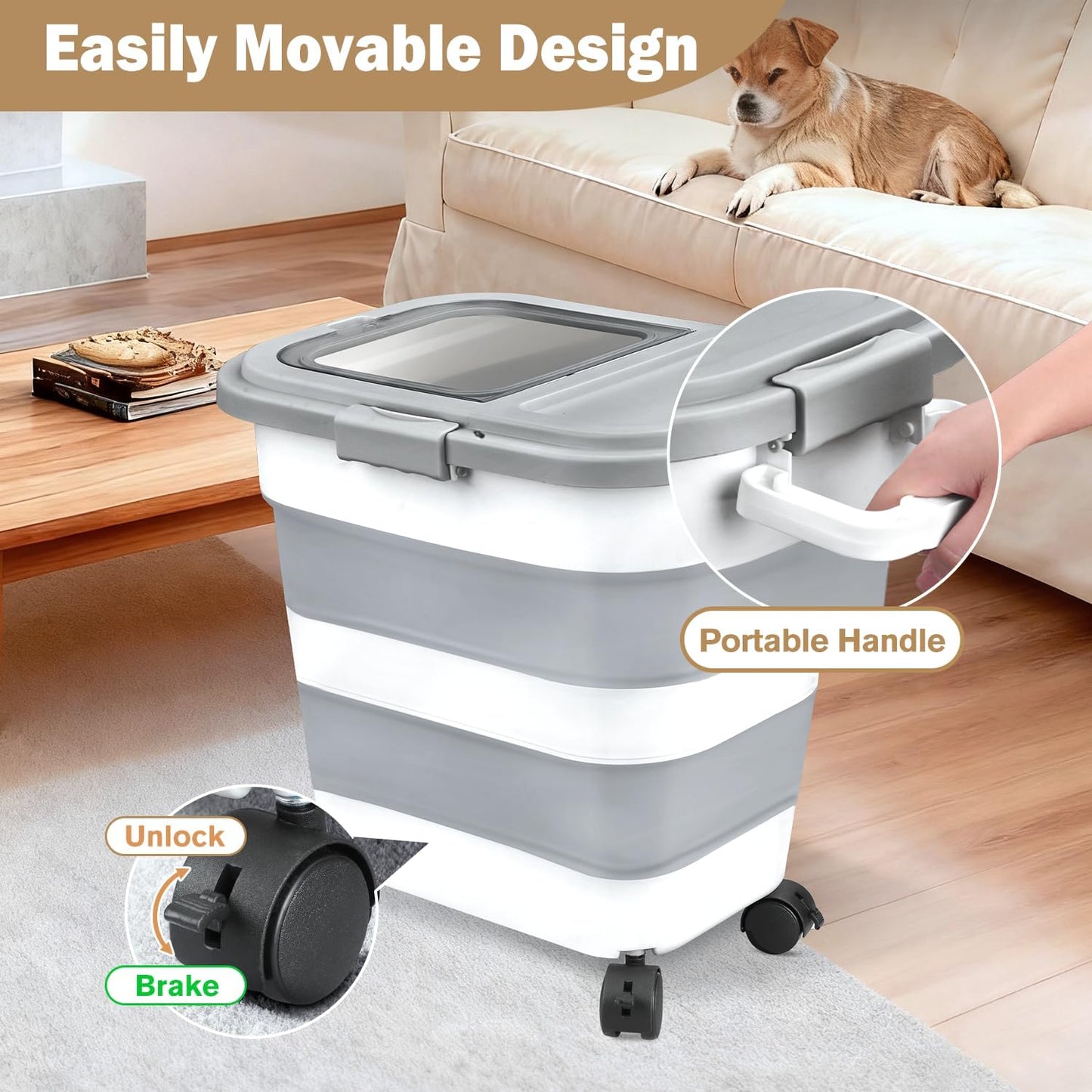 Rice Storage Container, Collapsible Airtight Food Storage Containers 6-20 Lbs, Rice Dispenser Bin with Cup and Scoop for Flour Cereal Pasta Grain, Cat Bird Pet Dog Food Storage Container