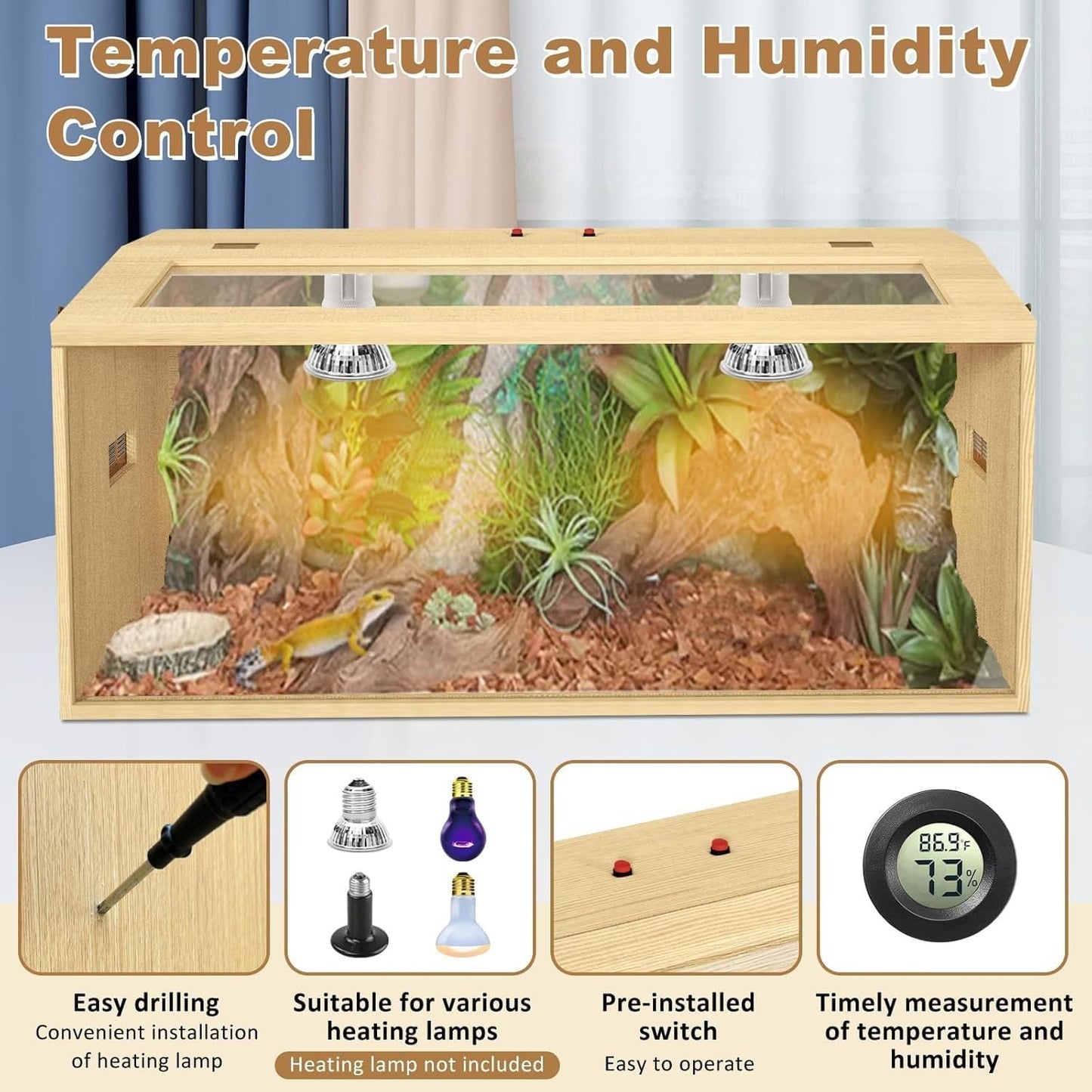 34 Gallon Bearded Dragon Tank, Lockable Reptile Terrarium Tank, Large Snake Enclosure, Lizard, Leopard Gecko Tank with Openable Roof Door, (Wooden, 32" L x 16" W x 16" H)