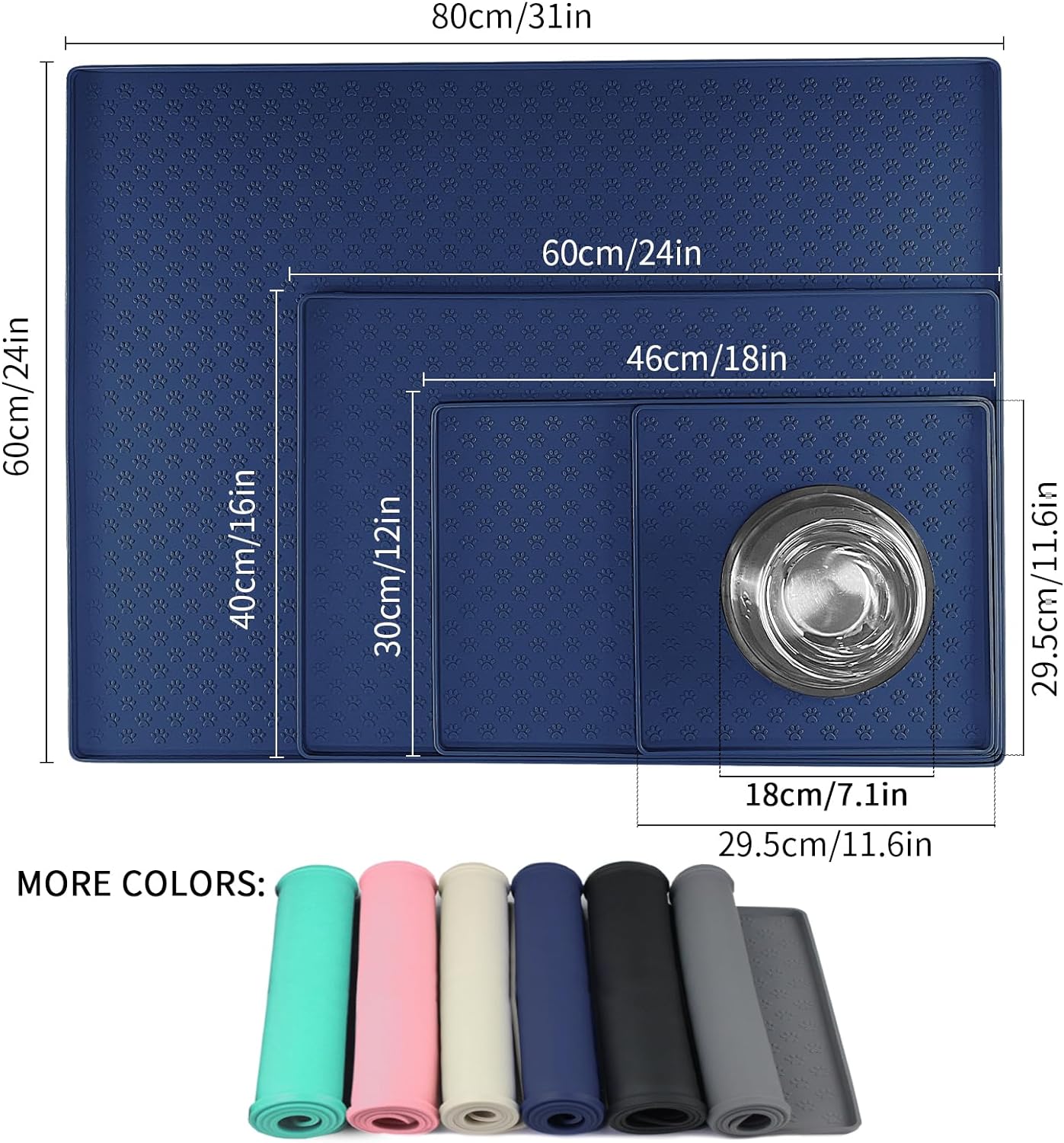 Ptlom Silicone Pet Placemat for Dog and Cat, Waterproof Non-Slip Pet Feeding Bowl Mats for Food and Water, Small Medium Large Tray Mat Prevent Residues from Spilling to Floor, Navy Blue, 24.5" 16.5"