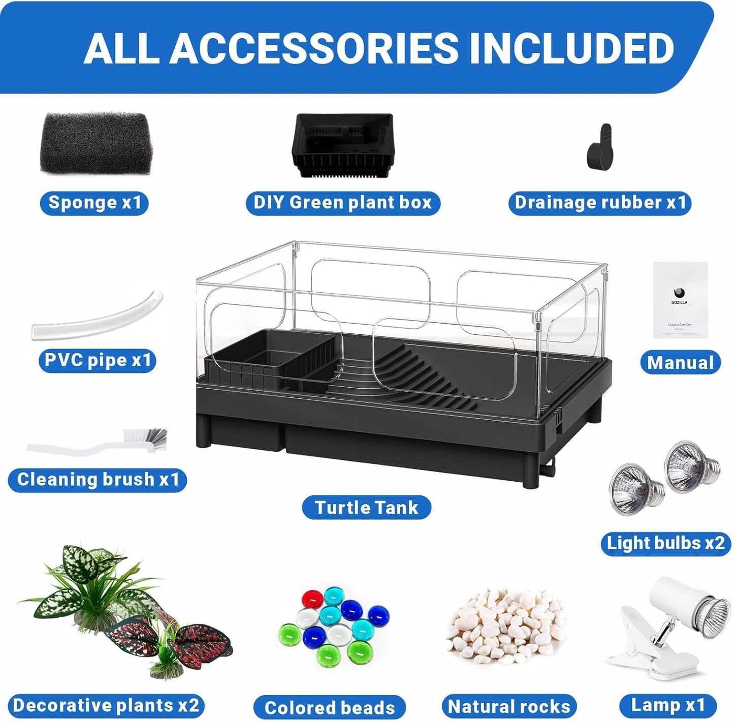 GOZILLA Small Turtle Tank with Adjustable Lamp, Acrylic Turtle Tank Starter Kit, Reptile Habitat and Terrarium with Multi-Functional Areas for Tortoise, Crab, Crayfish, Small Reptile.(Tank+Lamp)