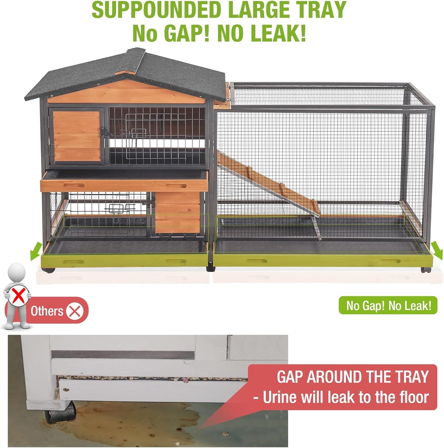 GUTINNEEN Rabbit Hutch with Chew-Resistant Metal Frame Indoor Bunny Cage Outdoor Rabbit Cage with Wheels and Leakproof Tray