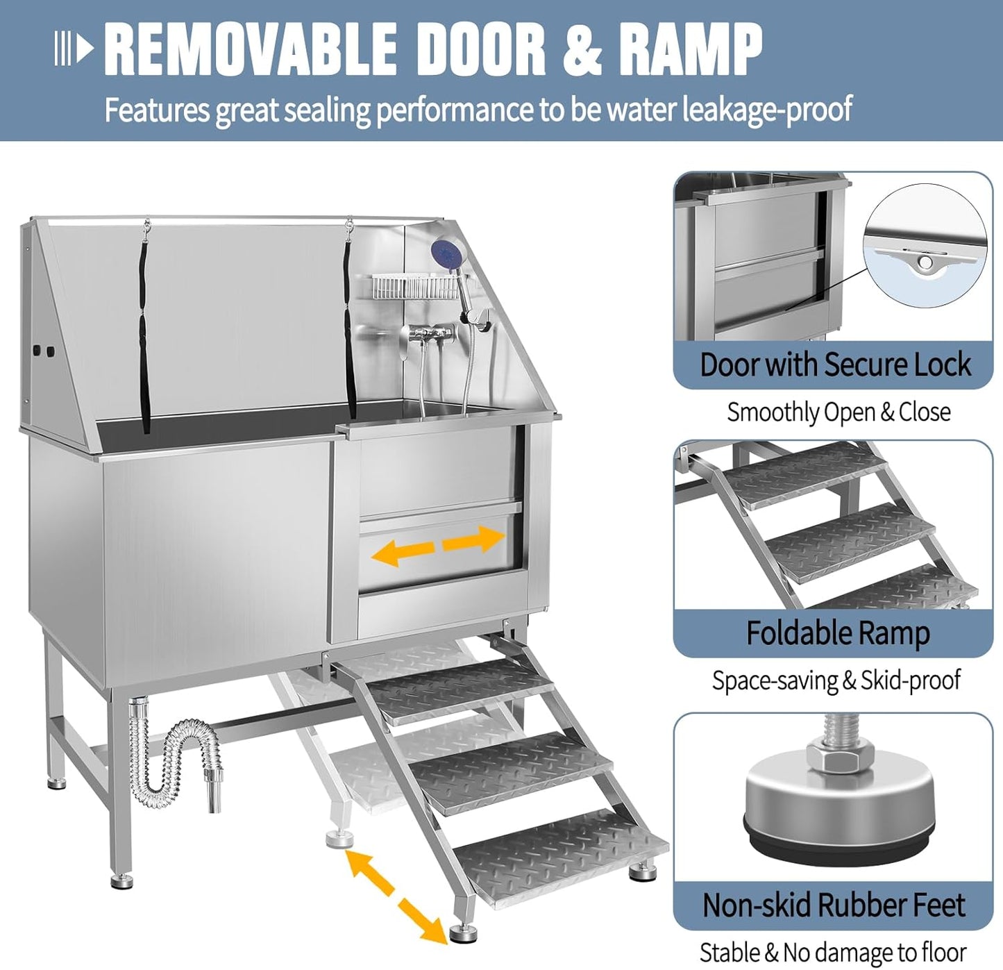50" Pet Dog Bathing Station W/Ramp, Professional Stainless Steel Dog Grooming Tub W/Soap Box, Faucet,Rich Accessory, Dog Bathtub for Large,Medium,Small Pets, Washing Sink for Home (50" Right ramp)