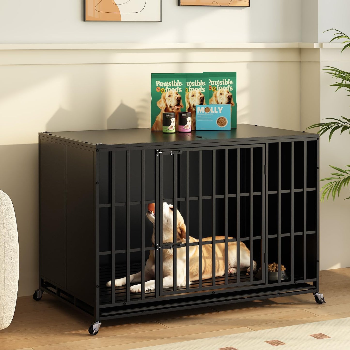LEMBERI 48/42 inch Heavy Duty Indestructible Dog Crate, High Anxiety Extra Large Dog Cage for Large Dogs, XL Steel Escape Proof Dog Kennel with Wheels and Removable Tray (Black, 47.2*30.7*34.6 inch)