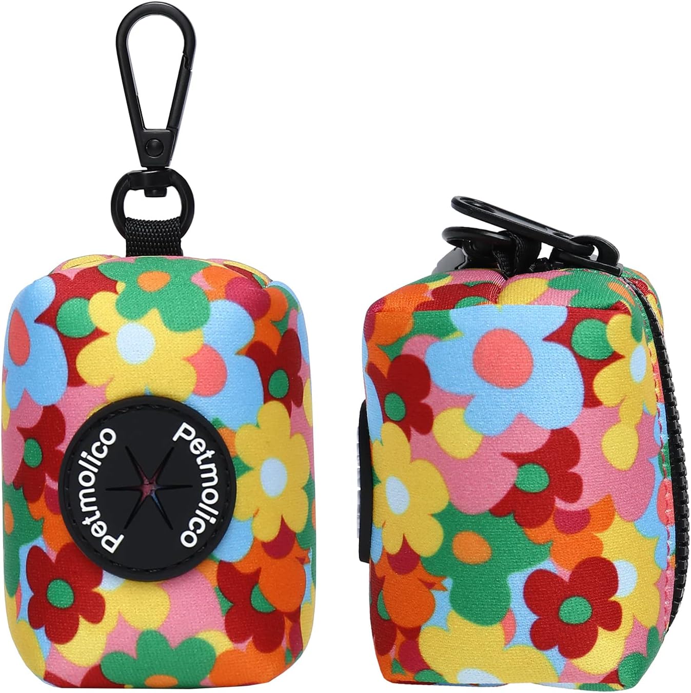 Petmolico Dog Poop Bag Holder Leash Attachment, Pet Waste Bag Dispenser Zippered Pouch, Fits Any Leash, Includes Free Roll of Dog Bags, Poop Bag Dispenser - 2 Pack, Colorful Flowers