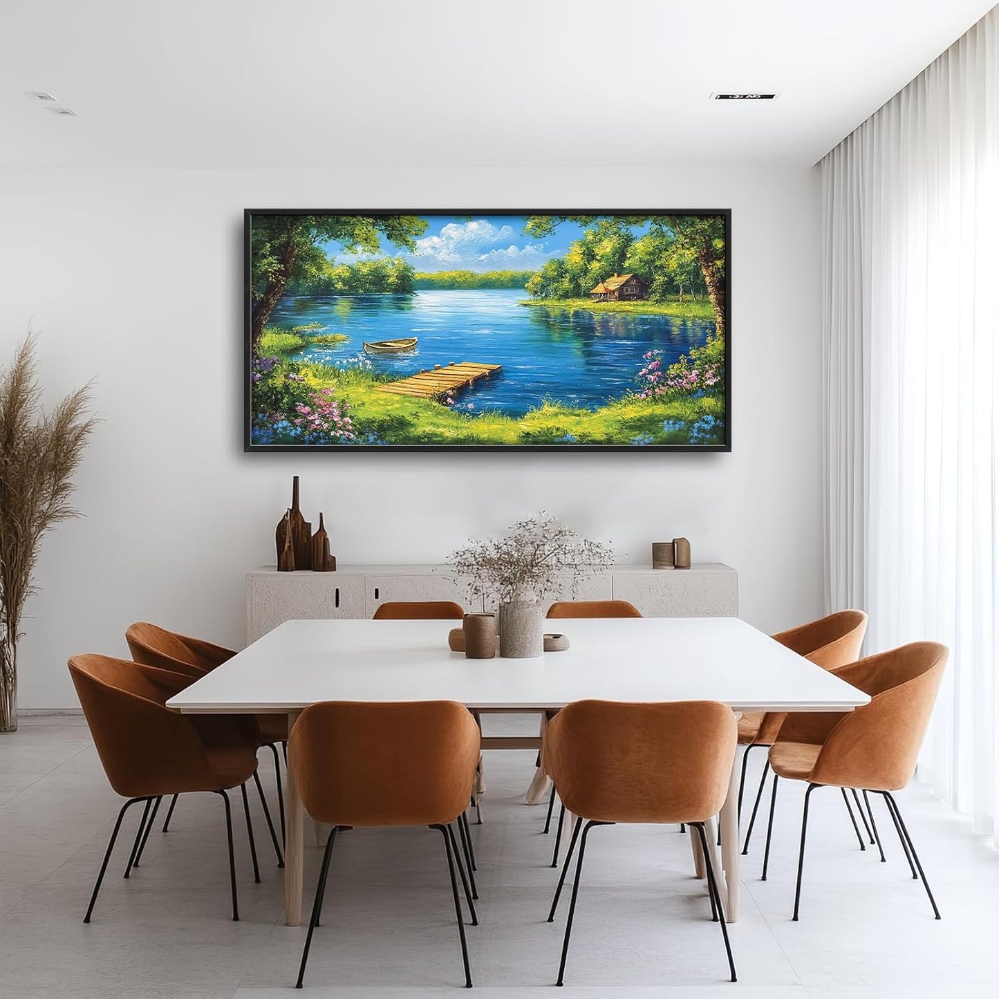 Large Lake Cabin Wall Art for Living Room, Framed Oversized Tree Boat Wildflowers Wall Decor Nature Landscape Canvas Painting Modern Artwork for Bathroom Bedroom Office Dining Room 60"x30"