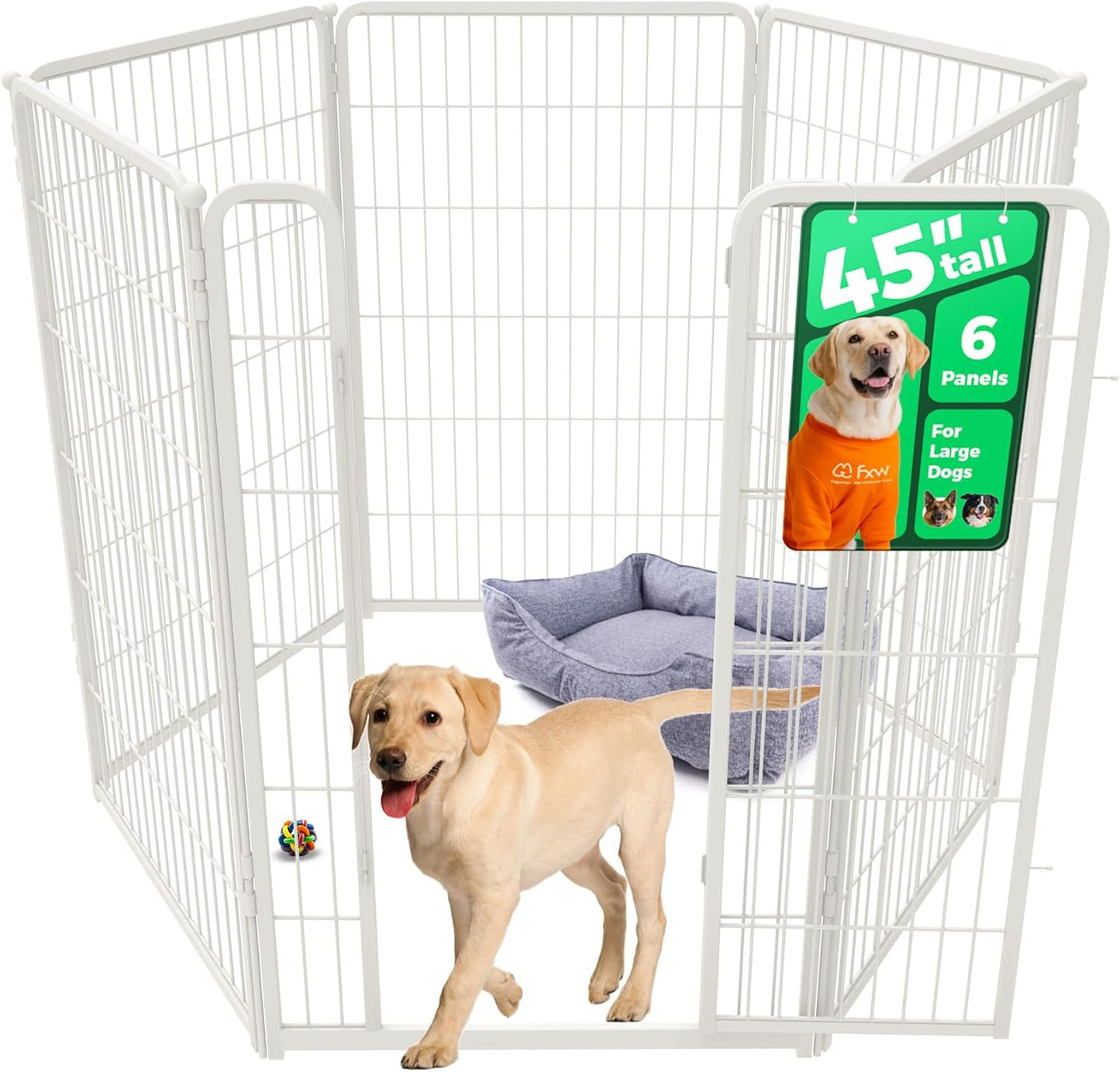 FXW Homeplus Unleashed Indoor Dog Playpen - Stress-Free and Safe Play, Heavy Duty 45 Inch 6 Wire Panels Dog Pen for Large Dogs, White│Patented