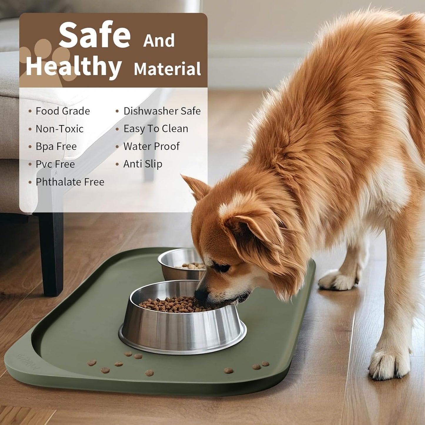 Silicone Pet Feeding Mat with Raised Edge & Residue Collection Pocket for Food and Water, Dog Bowl Mats, Cat Bowls Placemat with High Lip for Floor Waterproof, 22 x 14 x 0.8 Light Olive Green