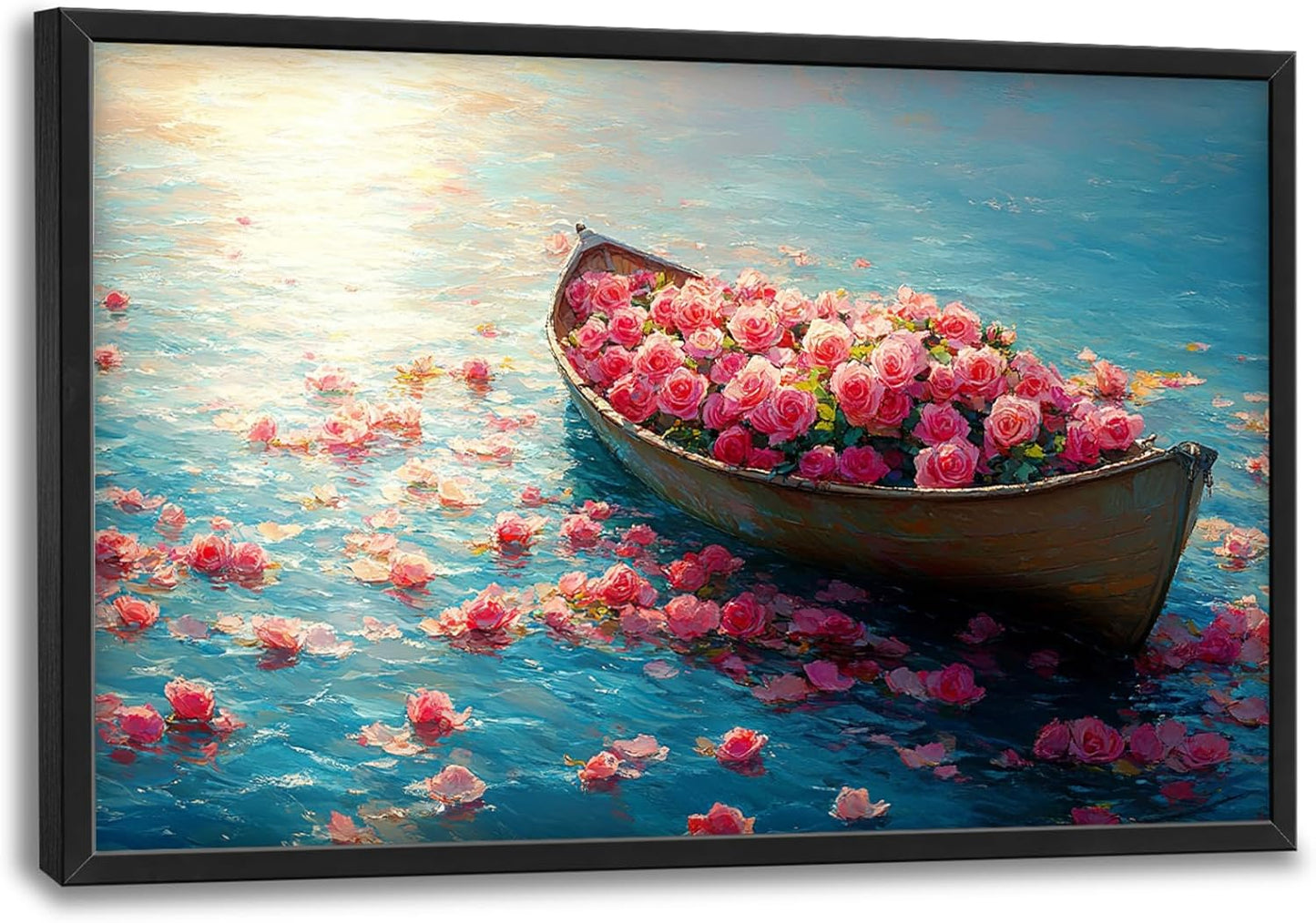 Large Lake Floral Landscape Wall Art for Living Room, Nature Boat Flower Canvas Oversized Wall Decor, Rose Scenery Framed Pictures Painting Print Artwork for Bedroom Office 36L" x 24W"