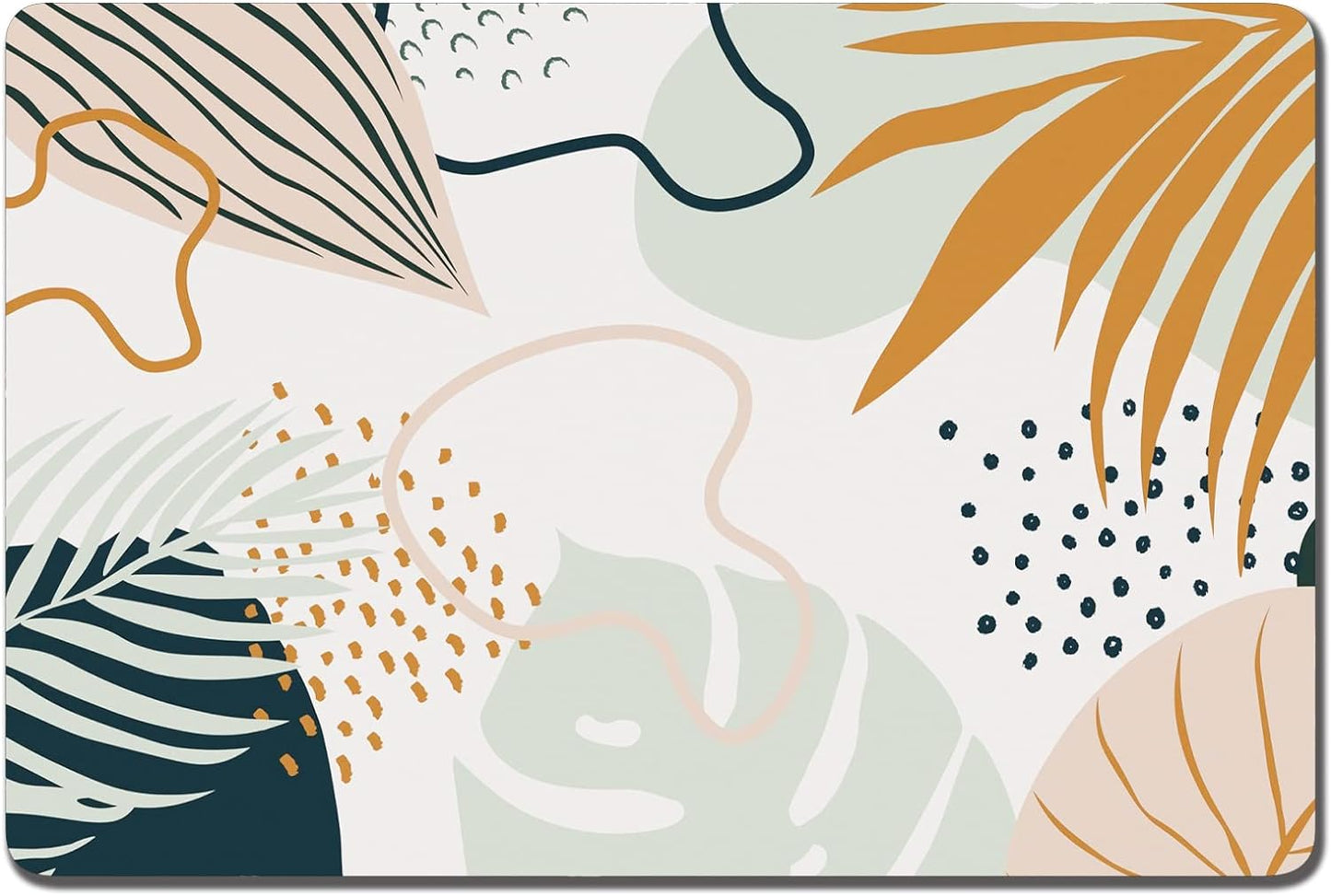 Rnivvi Dog Food Mat, 12" x 19" Boho Absorbent Dog Cat Bowl Mat for Food and Water, Cute Anti-Slip Rubber Pet Feeding Rug Protect Floors, Puppy Placemat for Feeding & Watering Supplies, Tropical Leaves