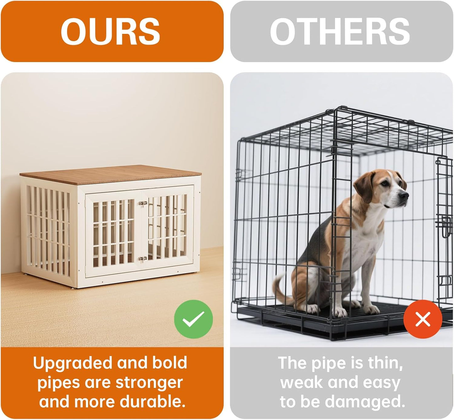 42" Heavy Duty Dog Crate Furniture for Small,Medium and Large Dogs,Rustic Wooden Dog Cage Kennel Indoor Furniture with Waterproof Top,Decorative Pet House Side End Table (White & Wood)