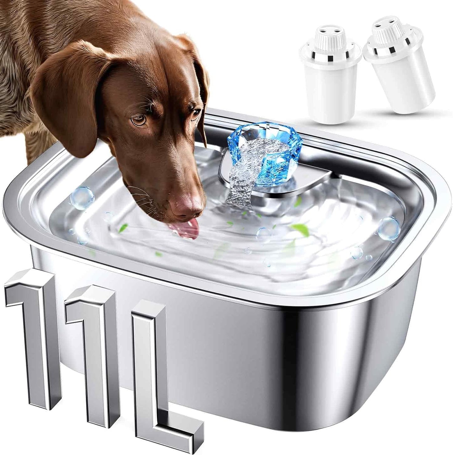 Stainless Steel Dog Water Fountain,3 Gallon Large Pet Water Fountains for Dogs and Cats, 11L /386oz Dog Water Bowl Dispenser w/Filter Drinking Bowls Indoor, Cat Founatin Quiet Pump, Easy to Use