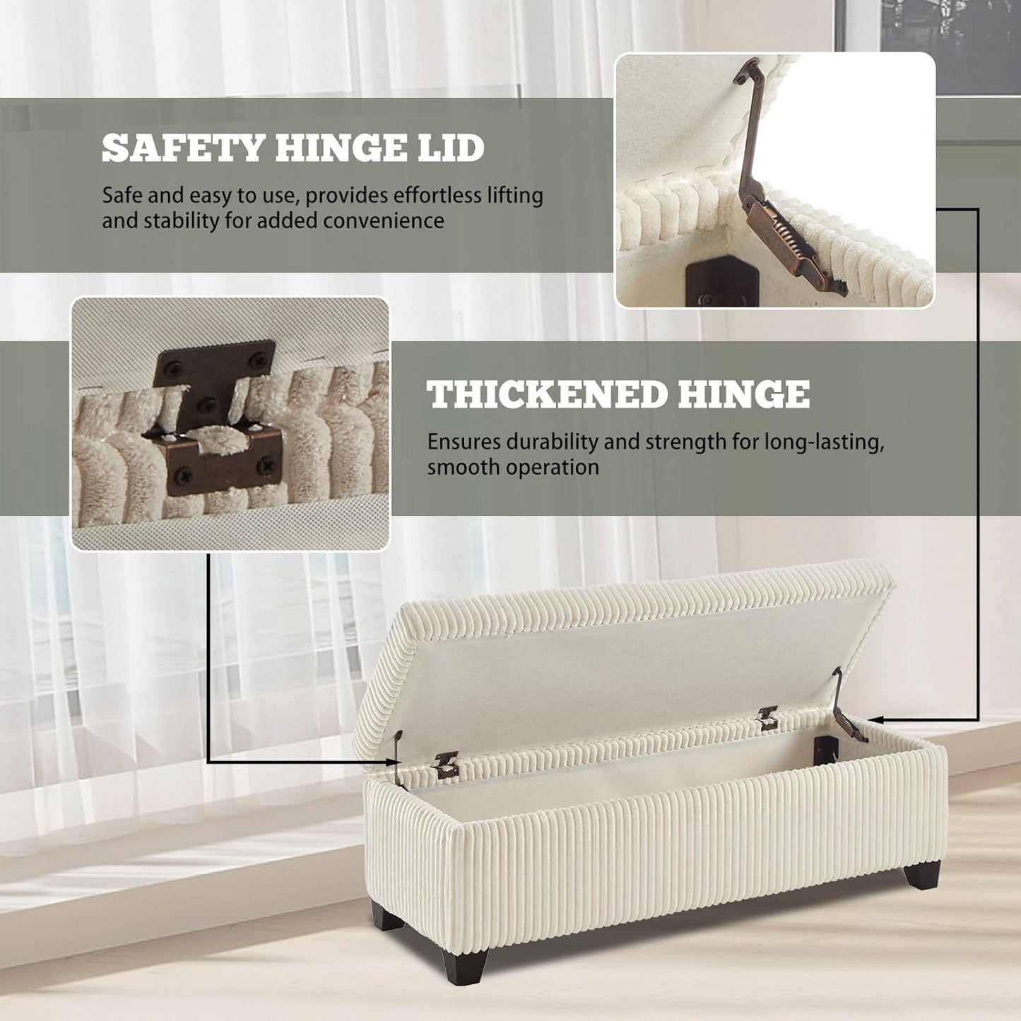 48" Ottoman with Storage, Corduroy Storage Ottoman Bench for Bedroom, End of Bed Bench with Safety Hinge for Living Room, Bedroom, Entryway, White