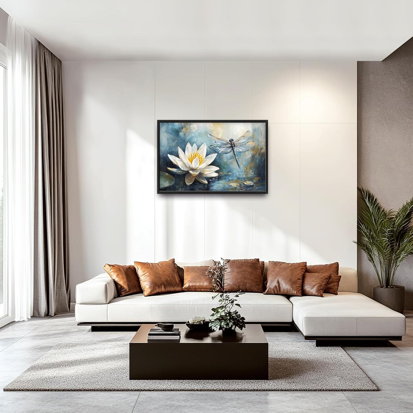 Extra Large Lotus Dragonfly Framed Wall Art for Living Room,Abstract Blue Lotus Flower Lake Pictures Wall Decor,Nature Canvas Print Painting Modern Artwork Bedroom Office Bathroom 36L" x 24W"